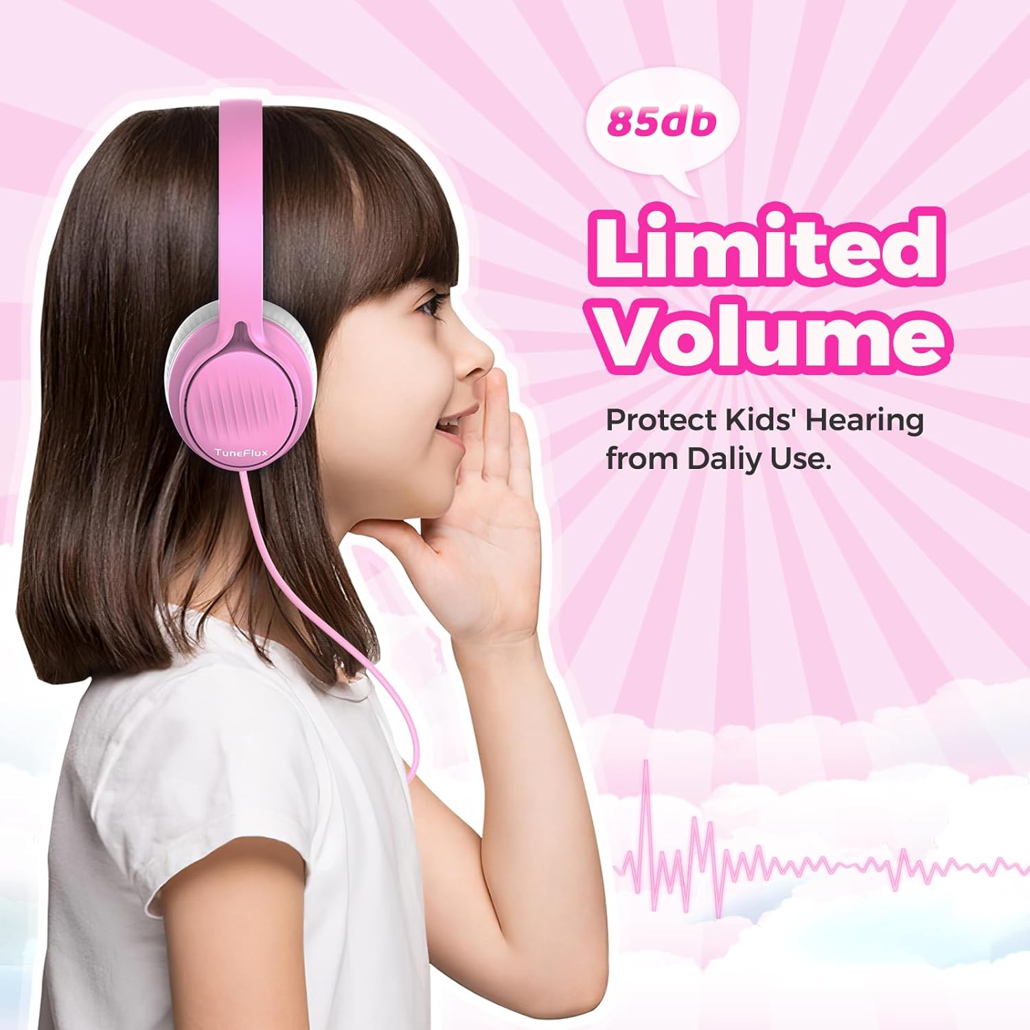 TuneFlux Auriculares para niños, auriculares para niños pequeños con limitador de volumen seguro de 85 dB, auriculares escolares con cable para