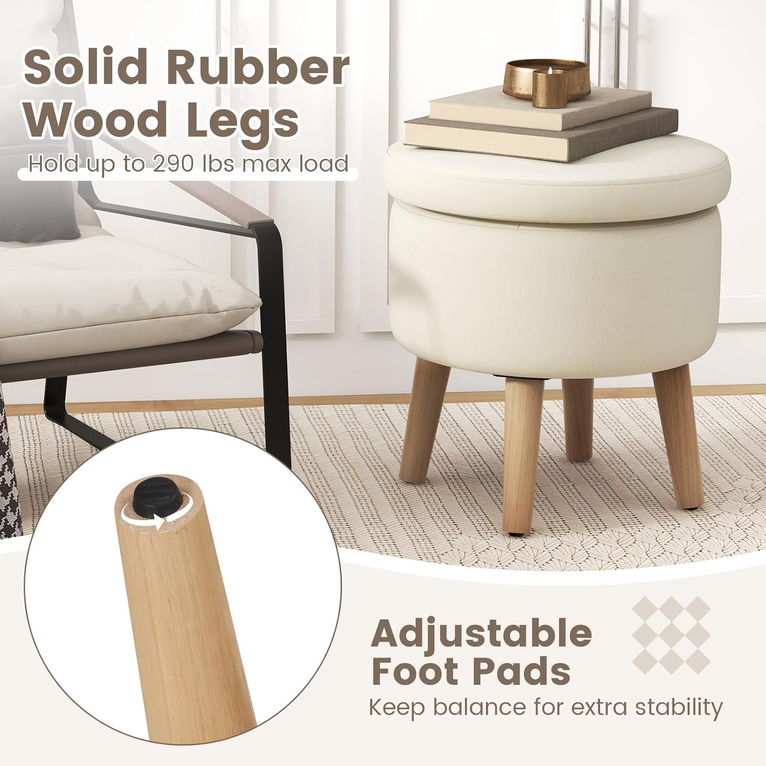 GOFLAME Otomana redonda de almacenamiento con tapa abatible, reposapiés tapizado multifuncional con patas de madera de goma maciza, taburete de