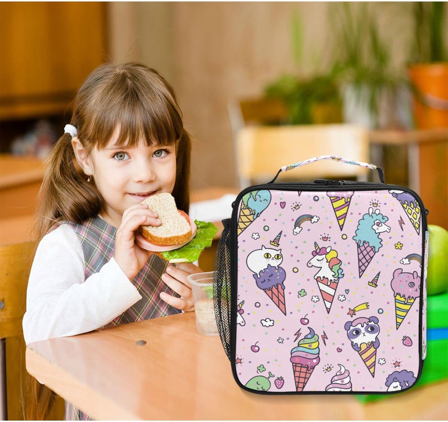 Linda bolsa de almuerzo con diseño de cono de unicornio y lunares rosados para niñas y niños, lonchera pequeña con aislamiento térmico para niños