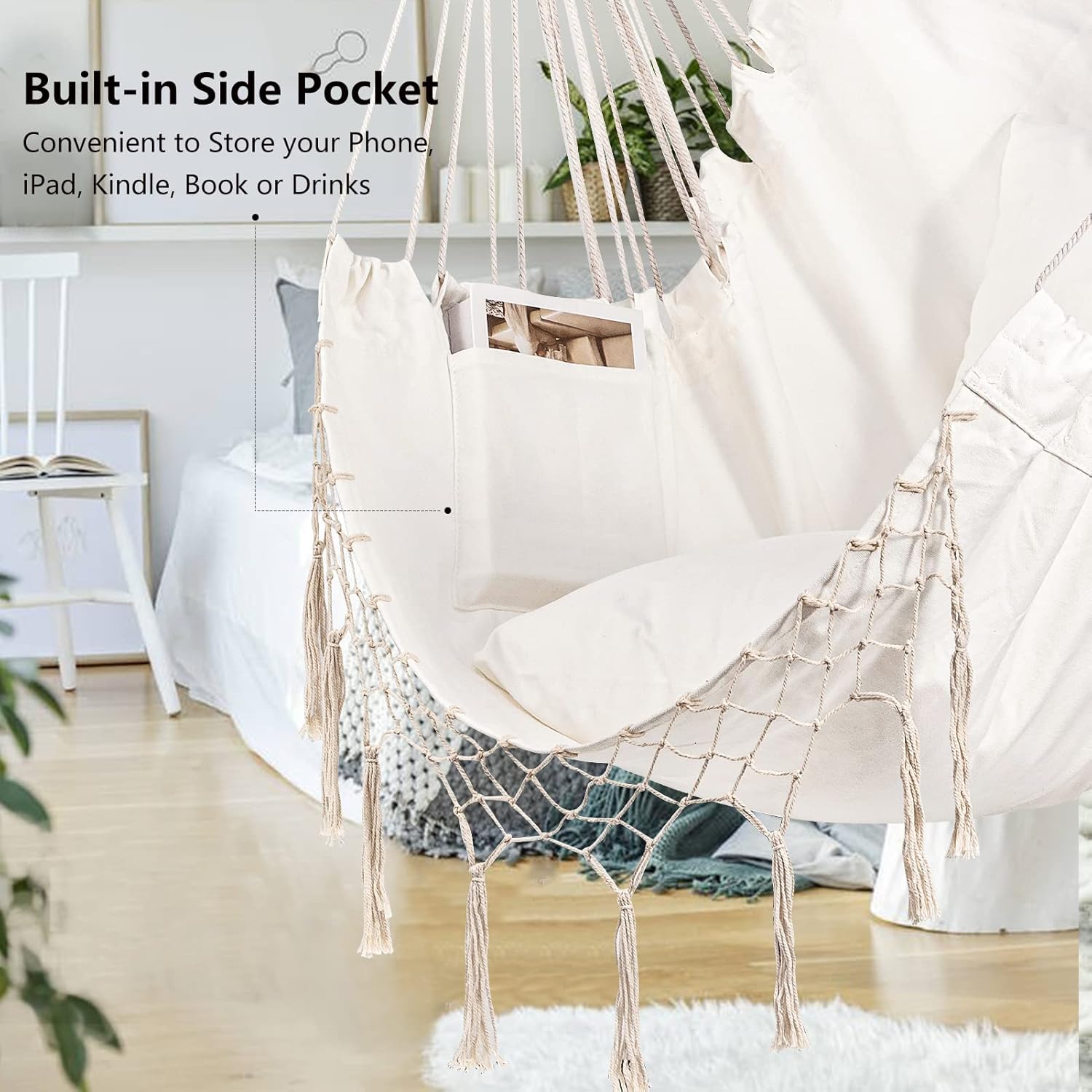 Jelofly – Silla hamaca grande con cuerda y bolsillo, que soporta un peso máximo de 350 libras, superior, cómoda, para interiores, exteriores, hogar,