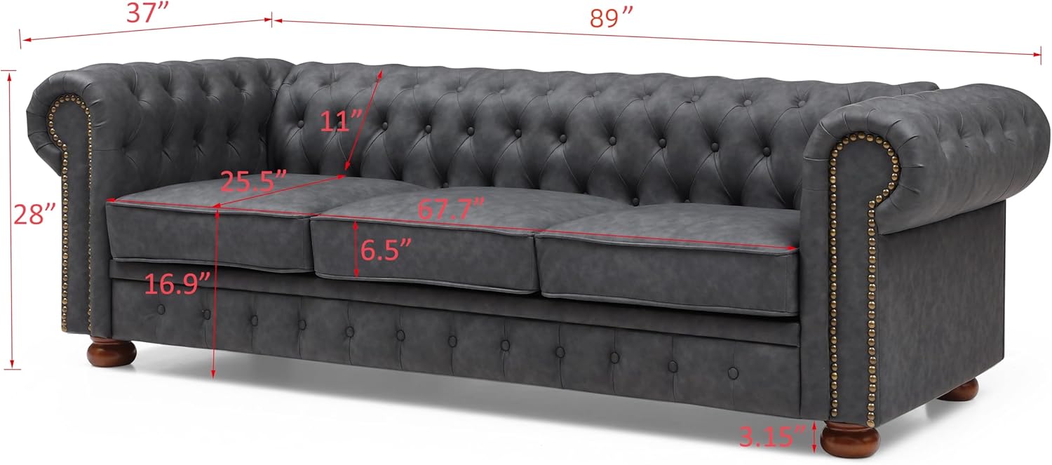 Sofá Chesterfield, sofá tapizado de piel sintética de 89 pulgadas con respaldo bajo, brazo enrollado y ribete de cabeza de clavos, sofá clásico de 3