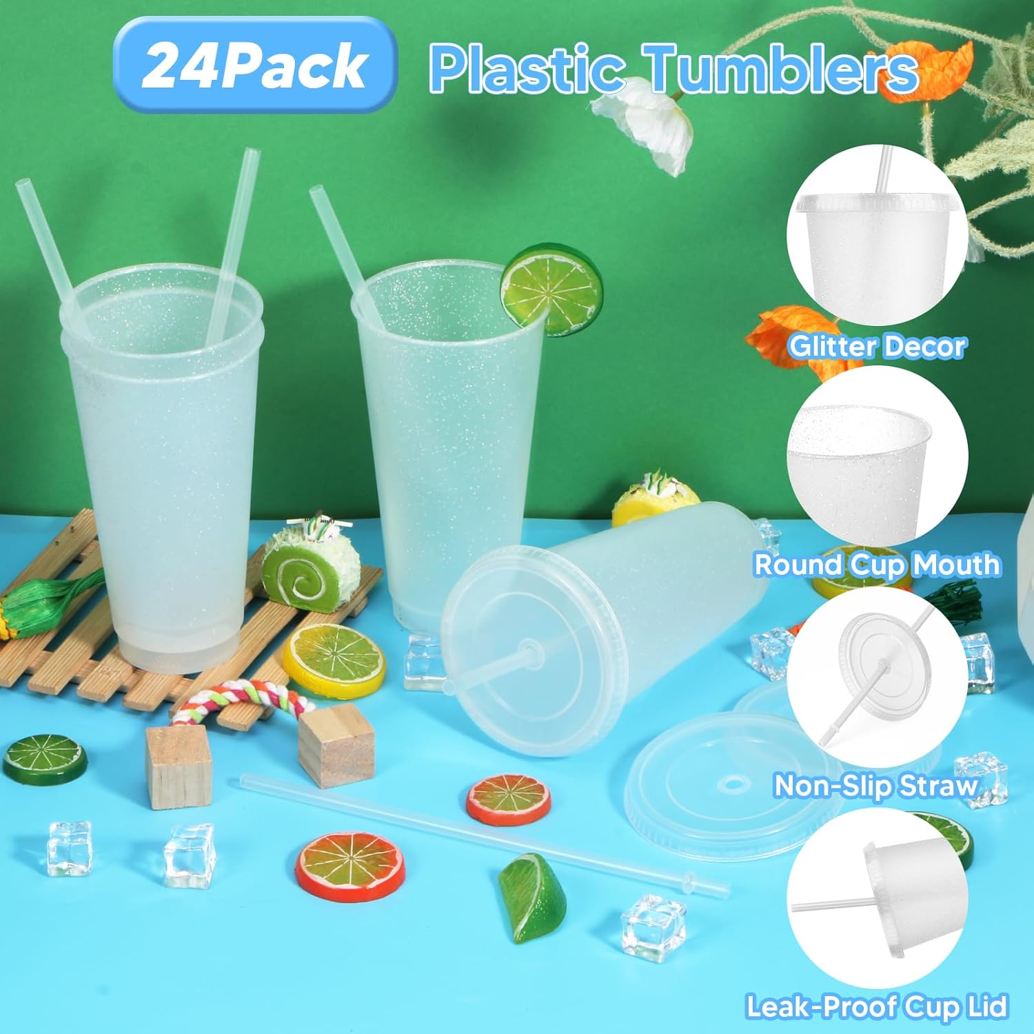 Paquete de 24 vasos de plástico con tapas y pajitas, vasos reutilizables con tapas, vasos coloridos de plástico para fiestas de cumpleaños, taza de