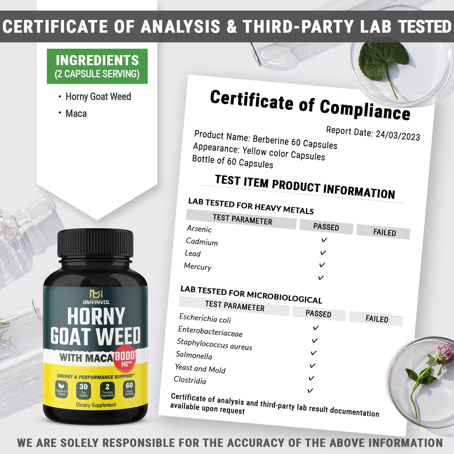 BMVINVOL 6000mg Horny Goat Weed Plus 2000mg Suplemento de raíz de maca para hombres y mujeres – Apoya los niveles de energía, rendimiento