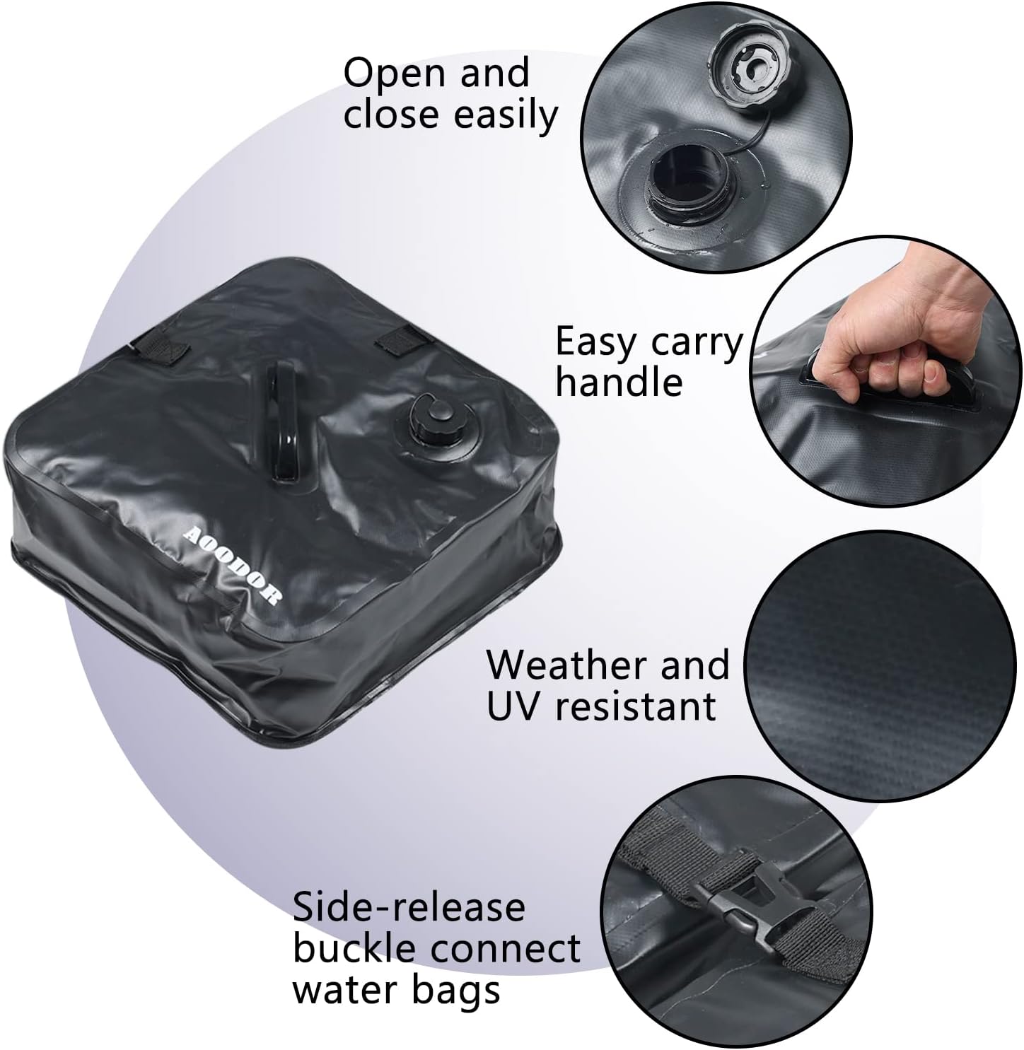 Aoodor Juego de 4 bolsas de peso para paraguas, relleno de agua, tela de PVC 250D duradera, conexión resistente, fácil de usar, color negro