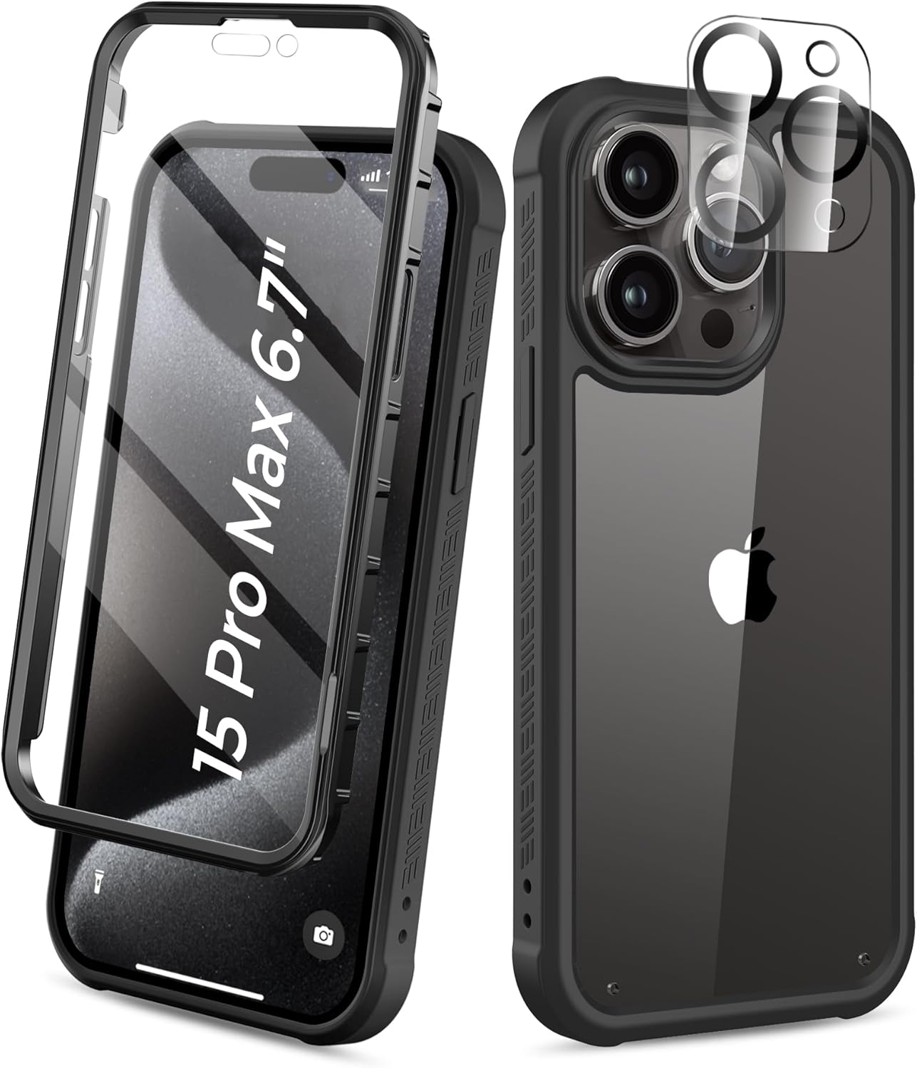 Funda para iPhone 15 Pro Max, protector de pantalla integrado, con protector de lente de cámara, carcasa de cuerpo completo resistente a prueba de