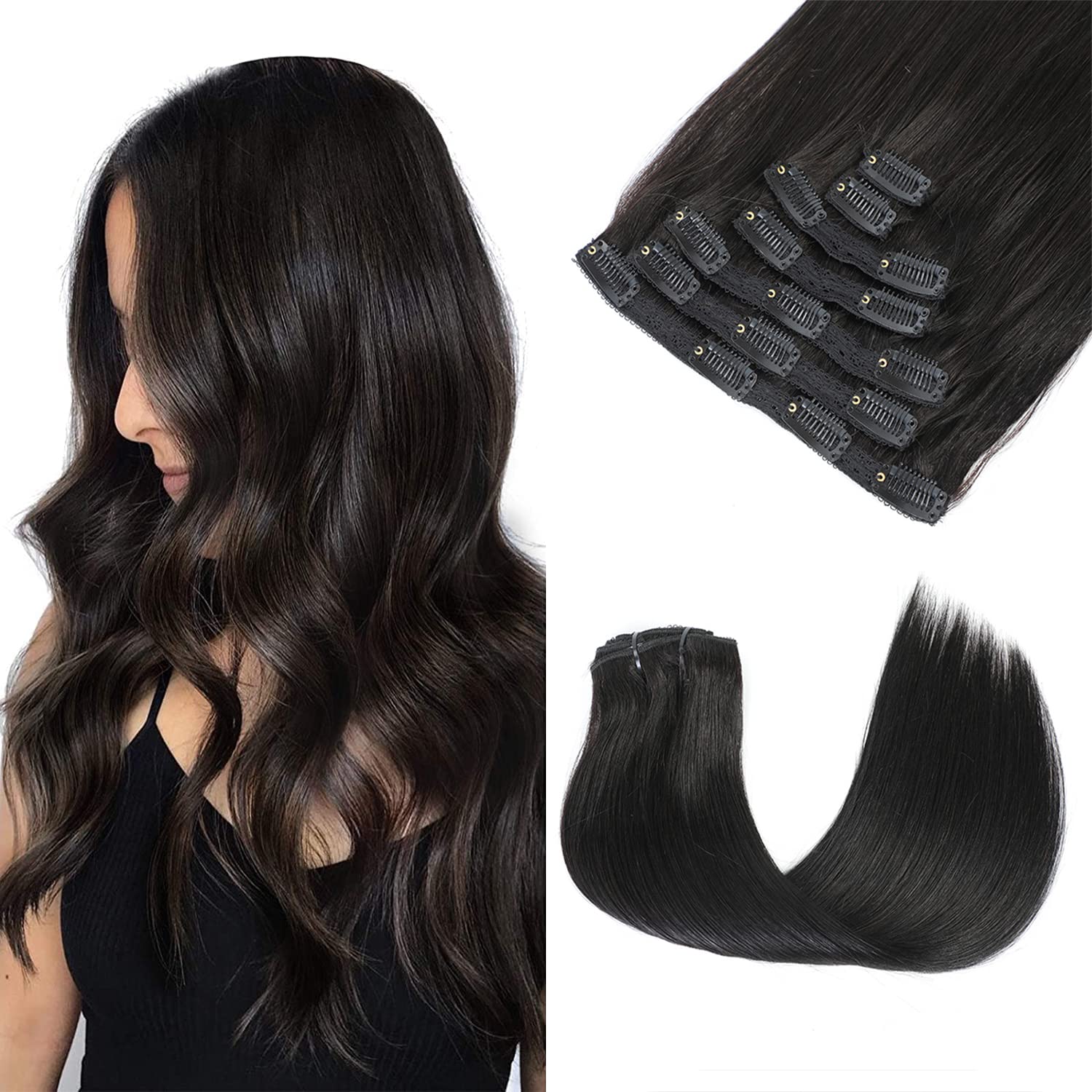 Extensiones de cabello humano lacio con clip, #1B, 3.53 oz, 7 unidades, extensiones de cabello humano real, color negro natural, para mujer (14