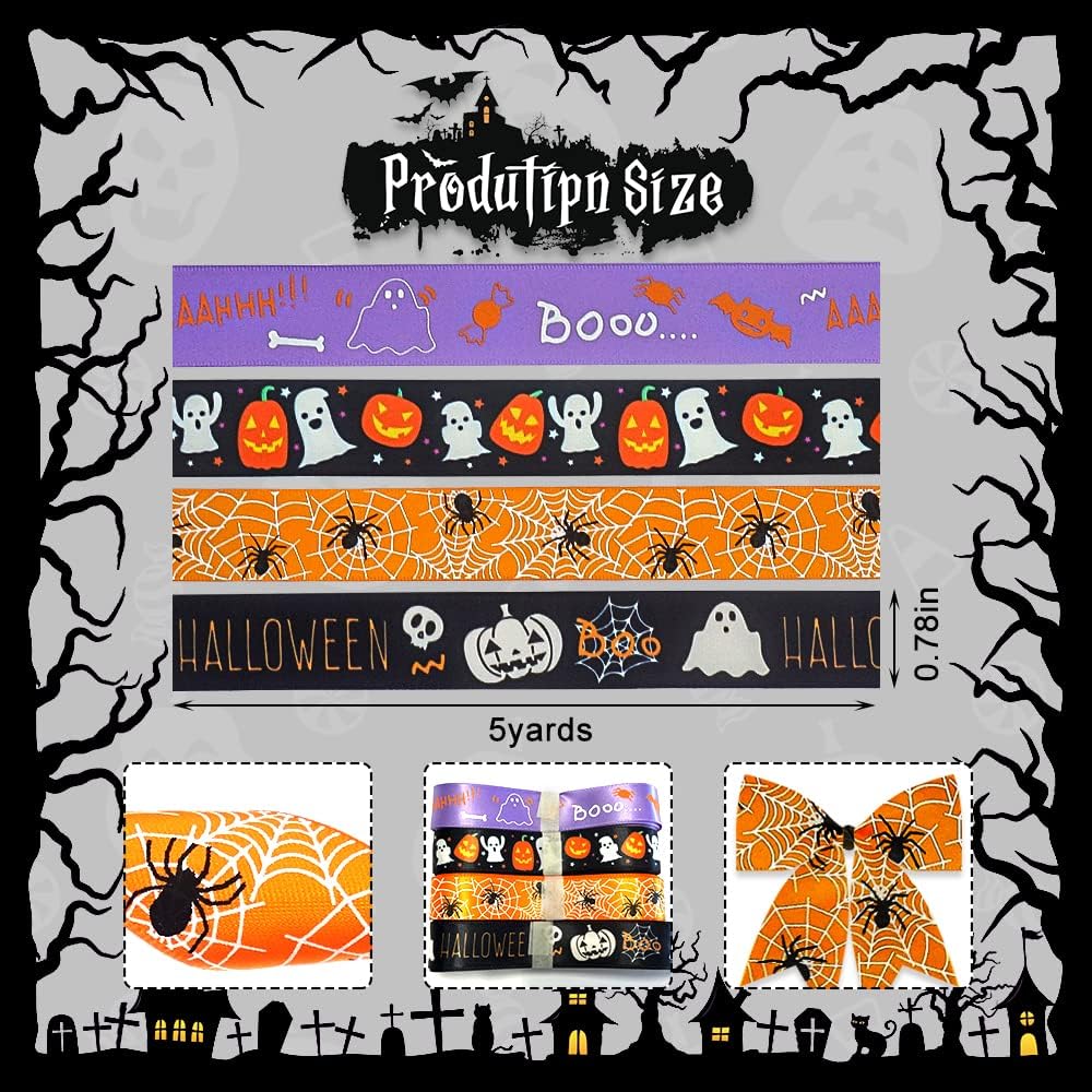 4 cintas de Halloween para manualidades, cintas impresas de araña de calabaza de Halloween, cinta de satén negro y naranja de 45 pulgadas de ancho