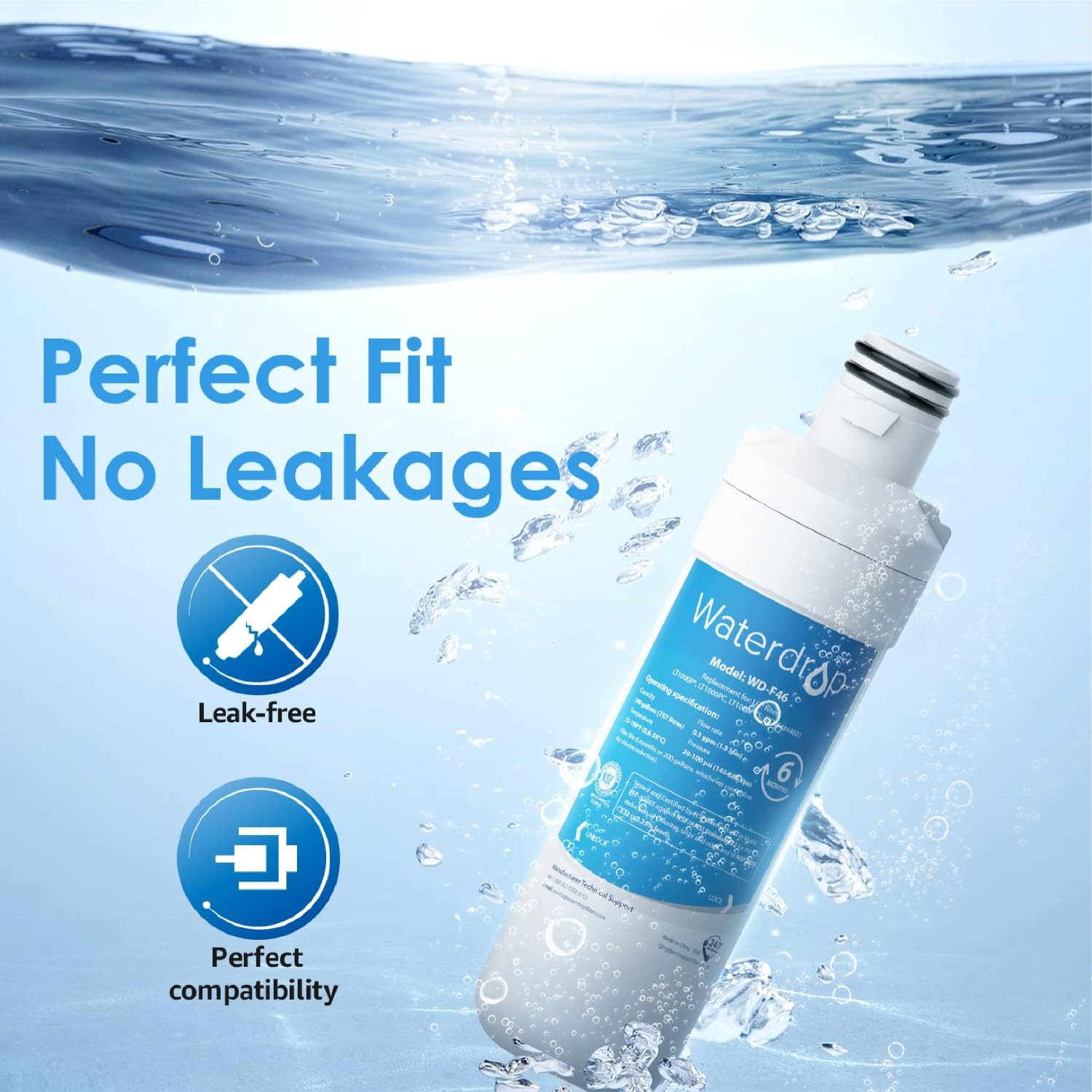 Waterdrop LT1000PC ADQ747935 MDJ64844601 Filtro de agua para refrigerador, repuesto para LG LT1000P, ADQ74793501, ADQ74793502, Kenmore 46-9980,