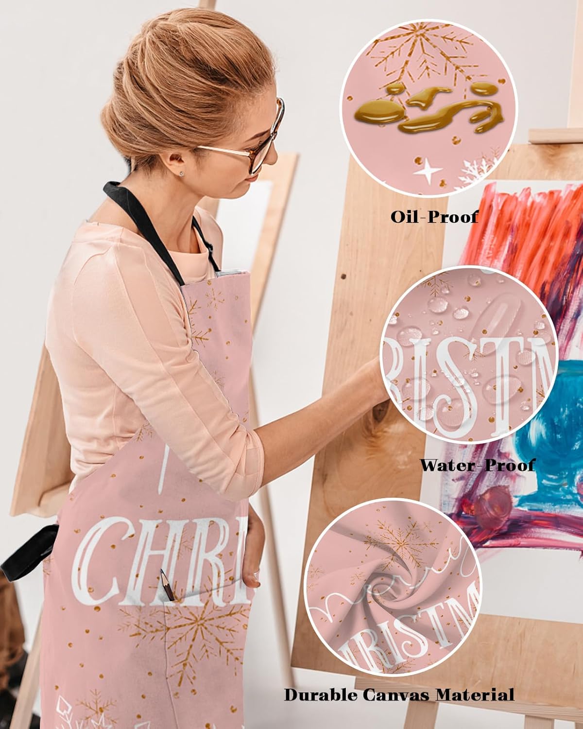 Merry Christmas Bib Aprons for Women With Pockets, Waterproof Canvas Chef Kitchen Cooking Apron for PaintingHair StylistNail TechnicianKids Arts And