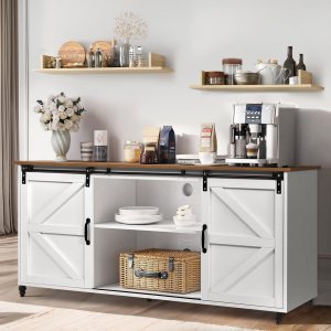 Armario de barra de café de granja, gabinete de buffet de cocina de 58 pulgadas con estante de almacenamiento, patas de calabaza, gabinete de mesa Armario de barra de café de granja, gabinete de buffet de cocina de 58 pulgadas con estante de almacenamiento, patas de calabaza, gabinete de mesa