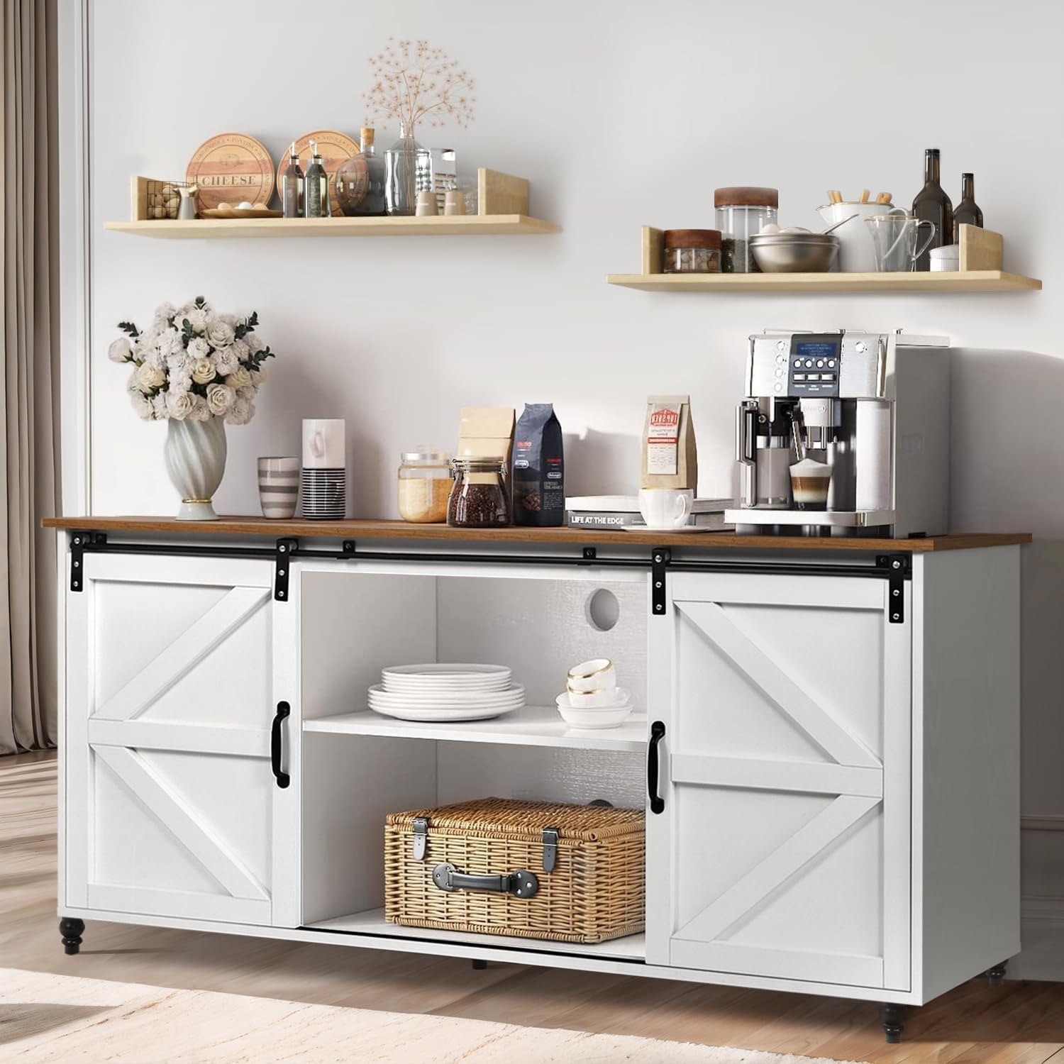 Armario de barra de café de granja, gabinete de buffet de cocina de 58 pulgadas con estante de almacenamiento, patas de calabaza, gabinete de mesa