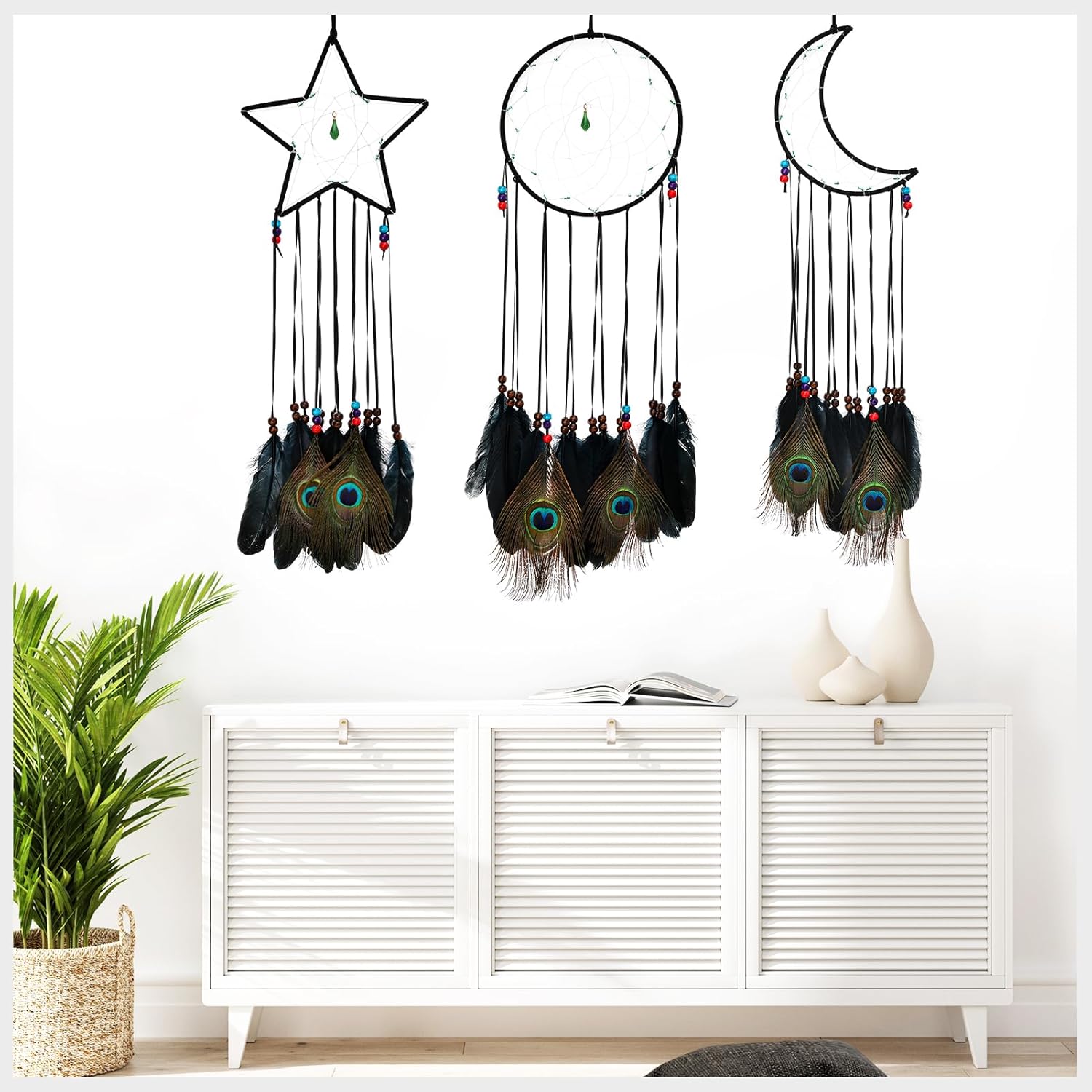 FeelfunFeather 3 piezas de atrapasueños negros tradicionales con diseño de luna, sol, estrella y plumas negras y de pavo real para niños para colgar