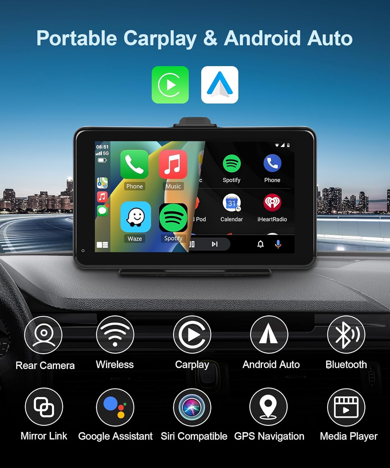 Pantalla portátil inalámbrica para coche con Apple Car Play HD cámara trasera para autos, camiones, camionetas, caravanas, podofo de 7 pulgadas,