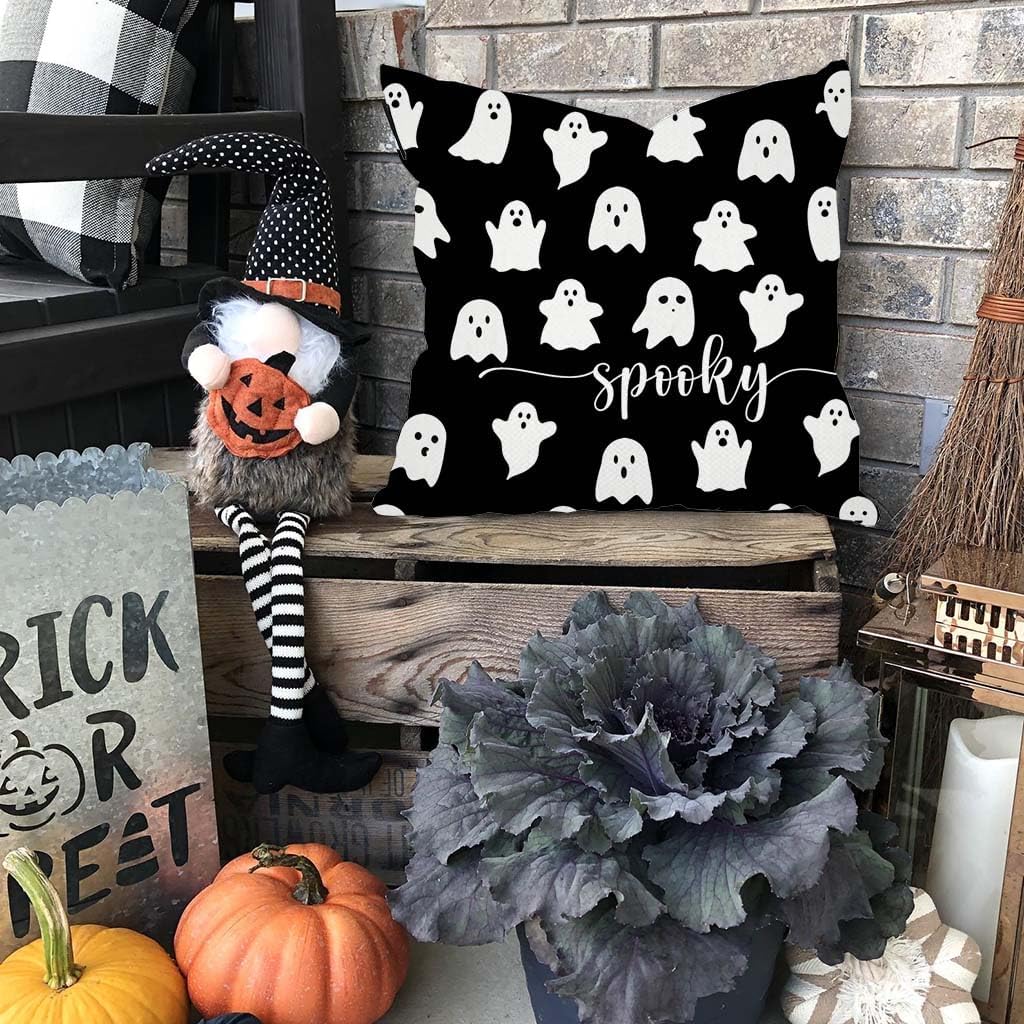 PANDICORN Juego de 4 fundas de almohada de Halloween de 20 x 20 pulgadas, diseño de murciélagos de esqueleto, gato negro, fantasma, decoración de