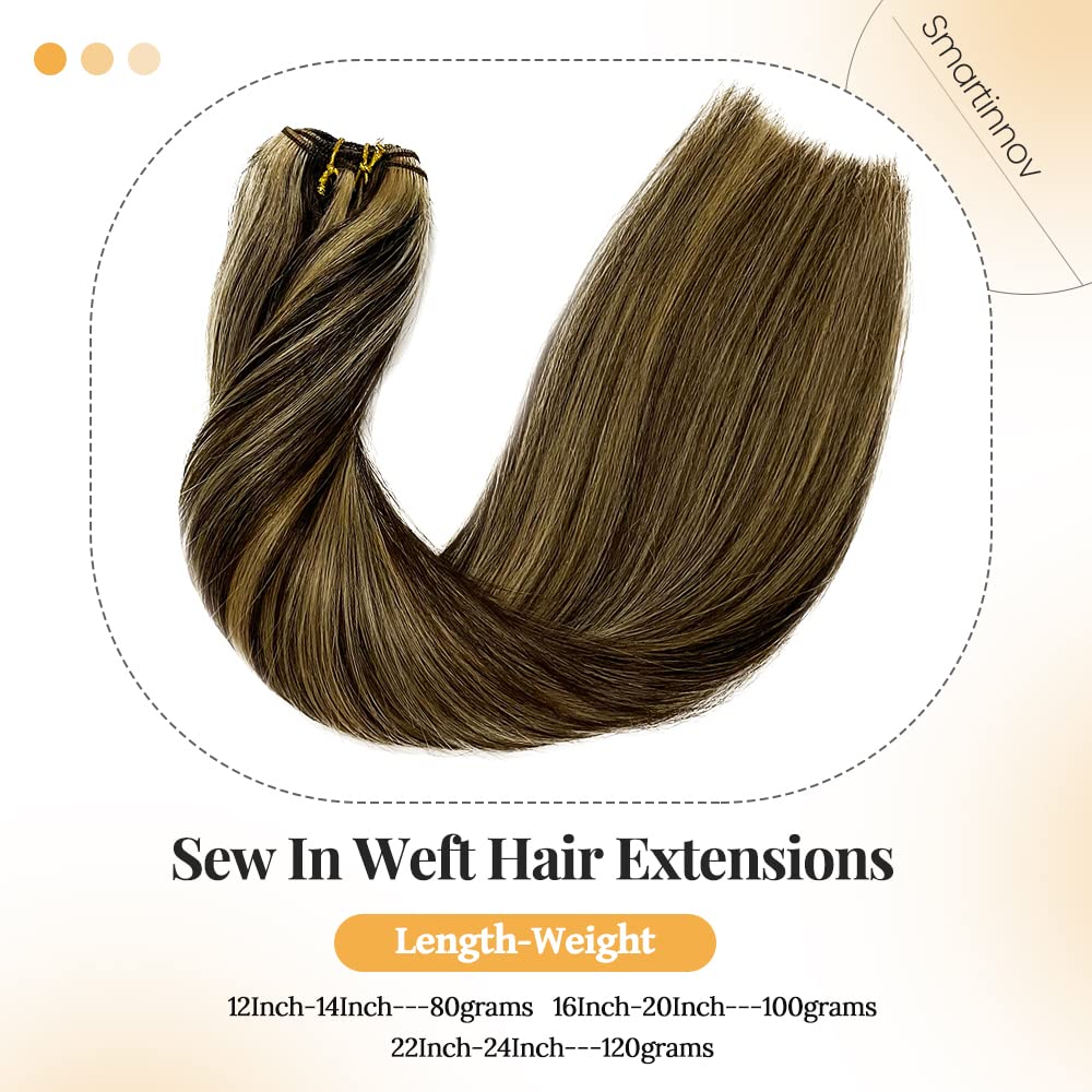 Extensiones de cabello humano Remy con balayage atadas a mano, 24 pulgadas de largo, 4.23 onzas, color castaño medio, con reflejos rubio miel,