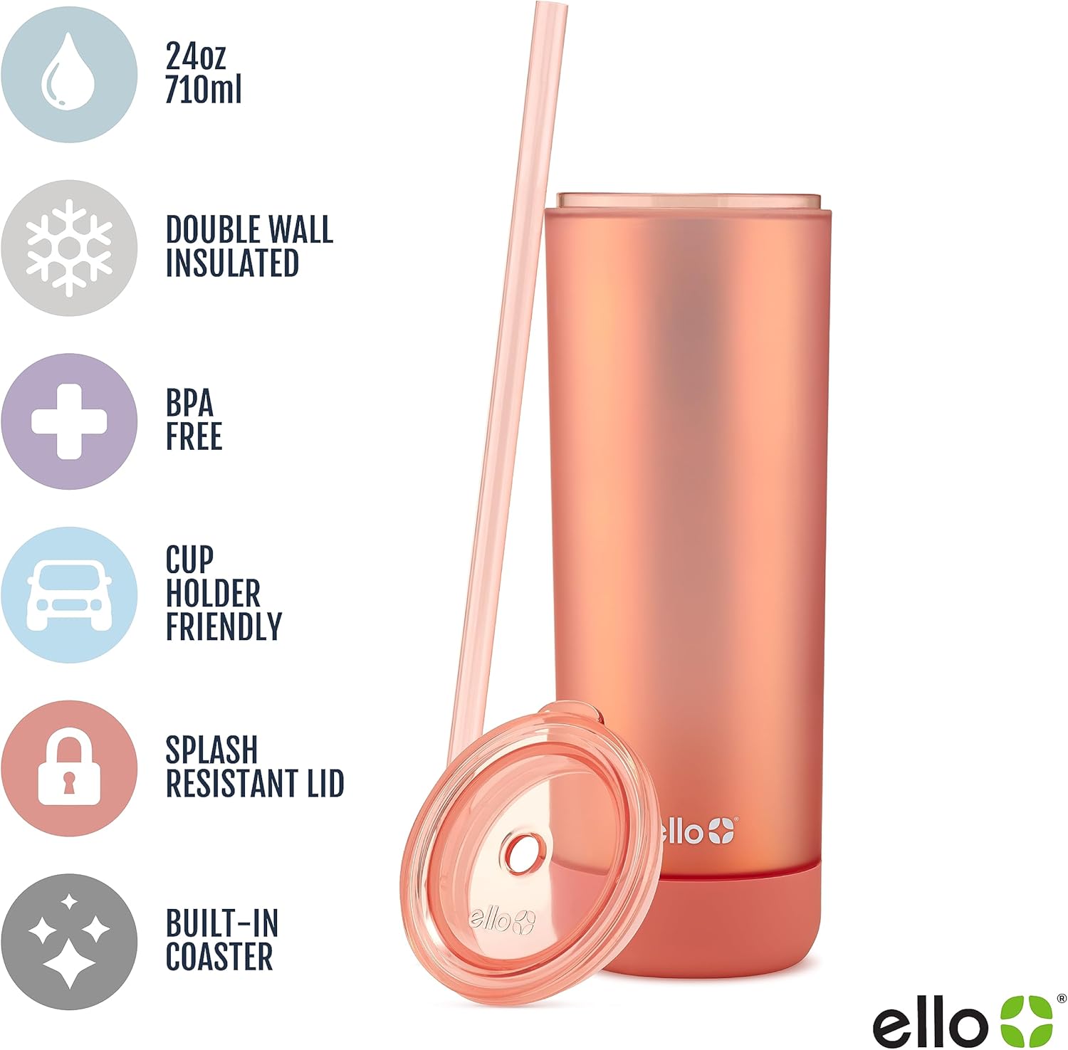Ello Monterey – Vaso de plástico aislado de doble pared con popote y posavasos integrados, sin BPA, 24 onzas