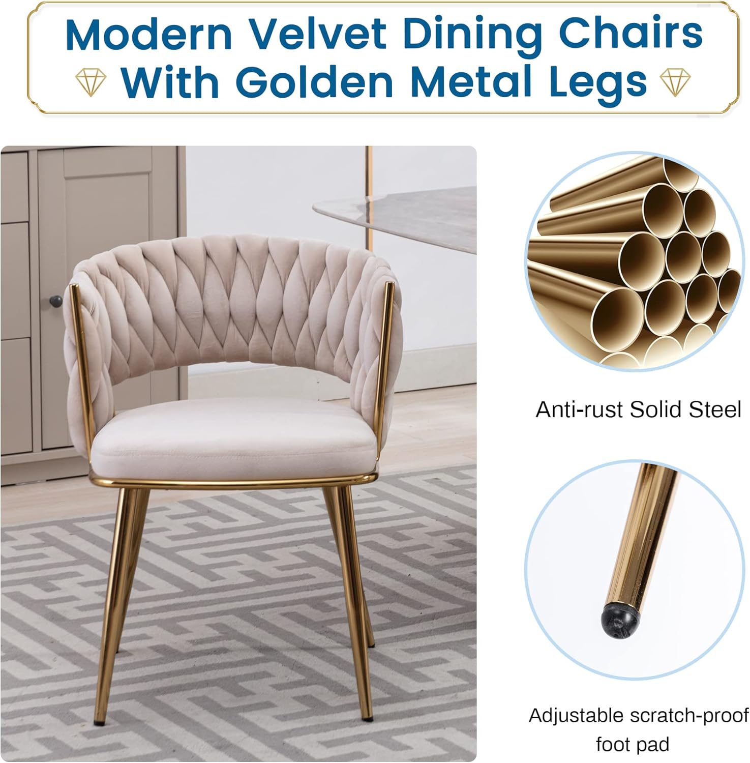 KCC Juego de 2 sillas de comedor modernas de terciopelo, sillas tapizadas para sala de estar con respaldo tejido y patas de metal dorado, silla