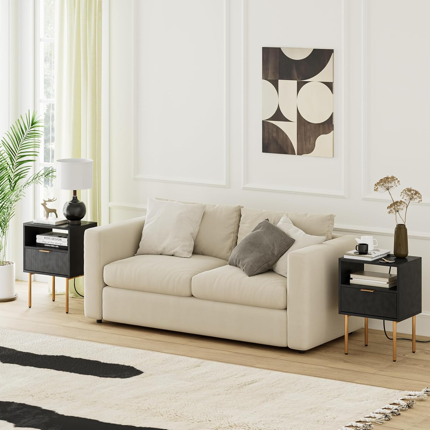 Mesita de noche con estación de carga, cómoda con cajón para dormitorio, mesa auxiliar pequeña con cajón, mesita de noche, mesa auxiliar con marco