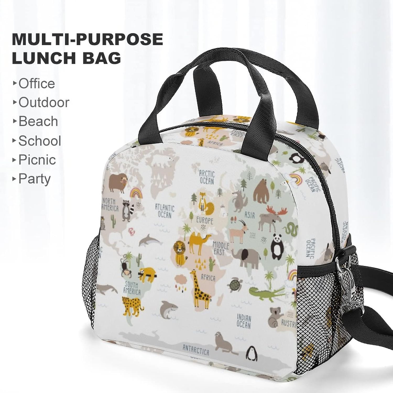 Niapessel Bolsa de almuerzo para mujeres, niños, niñas, niños, aislada, mapa del mundo animal, multicolor, impreso, lonchera térmica con soporte
