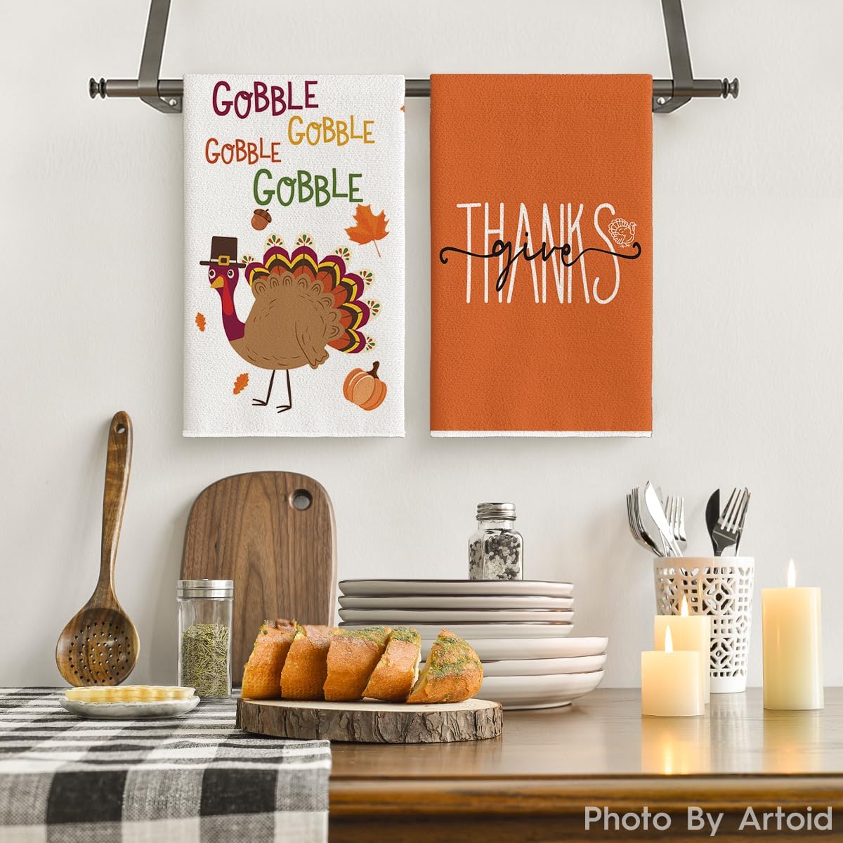 Artoid Mode Juego de 2 toallas de cocina con diseño de calabaza y pavo Gobble de Acción de Gracias, 18 x 26 pulgadas