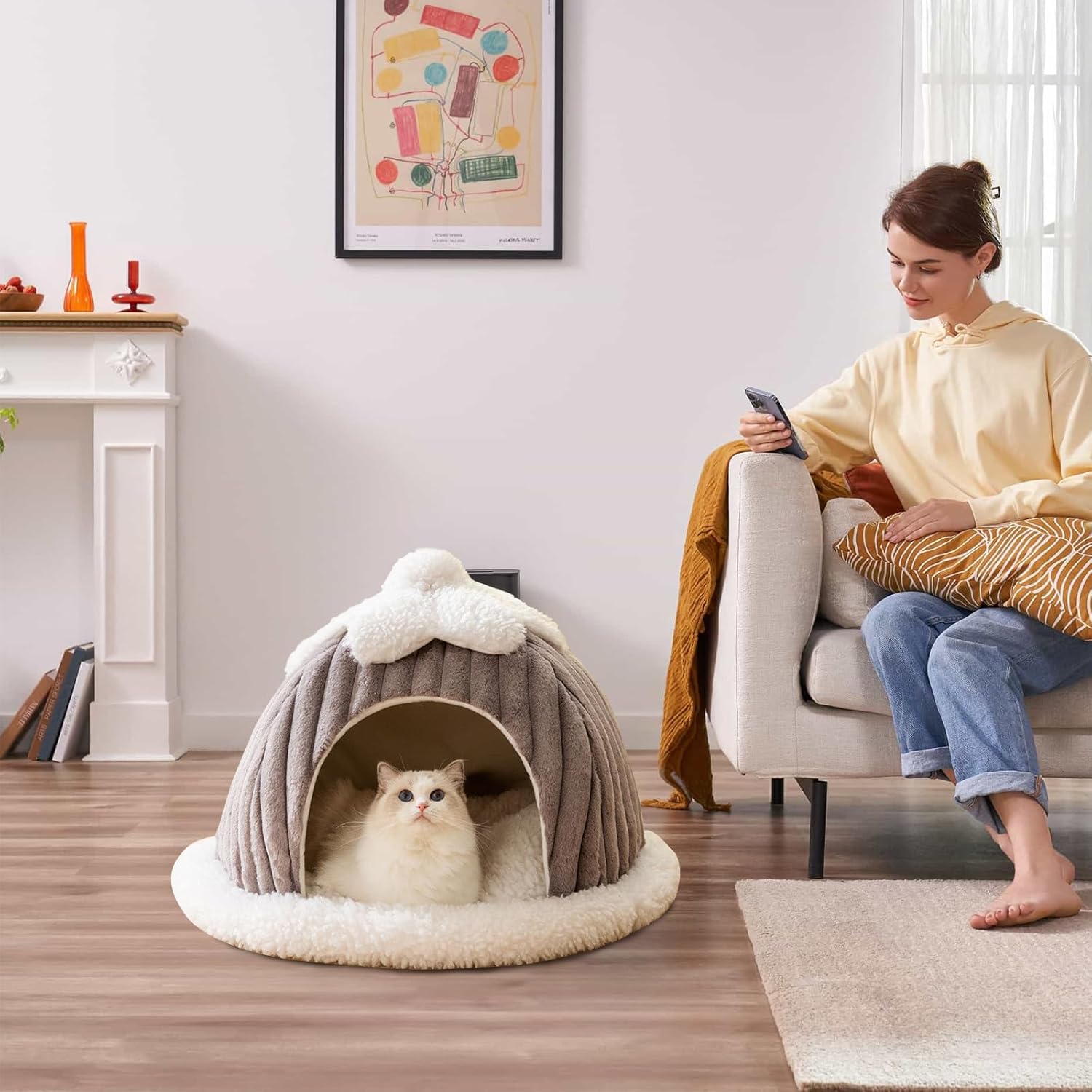 Cama tipo cueva para gatos, bonita casa de gato de dibujos animados, tienda de campaña pequeña con almohada extraíble lavable, cama cálida para