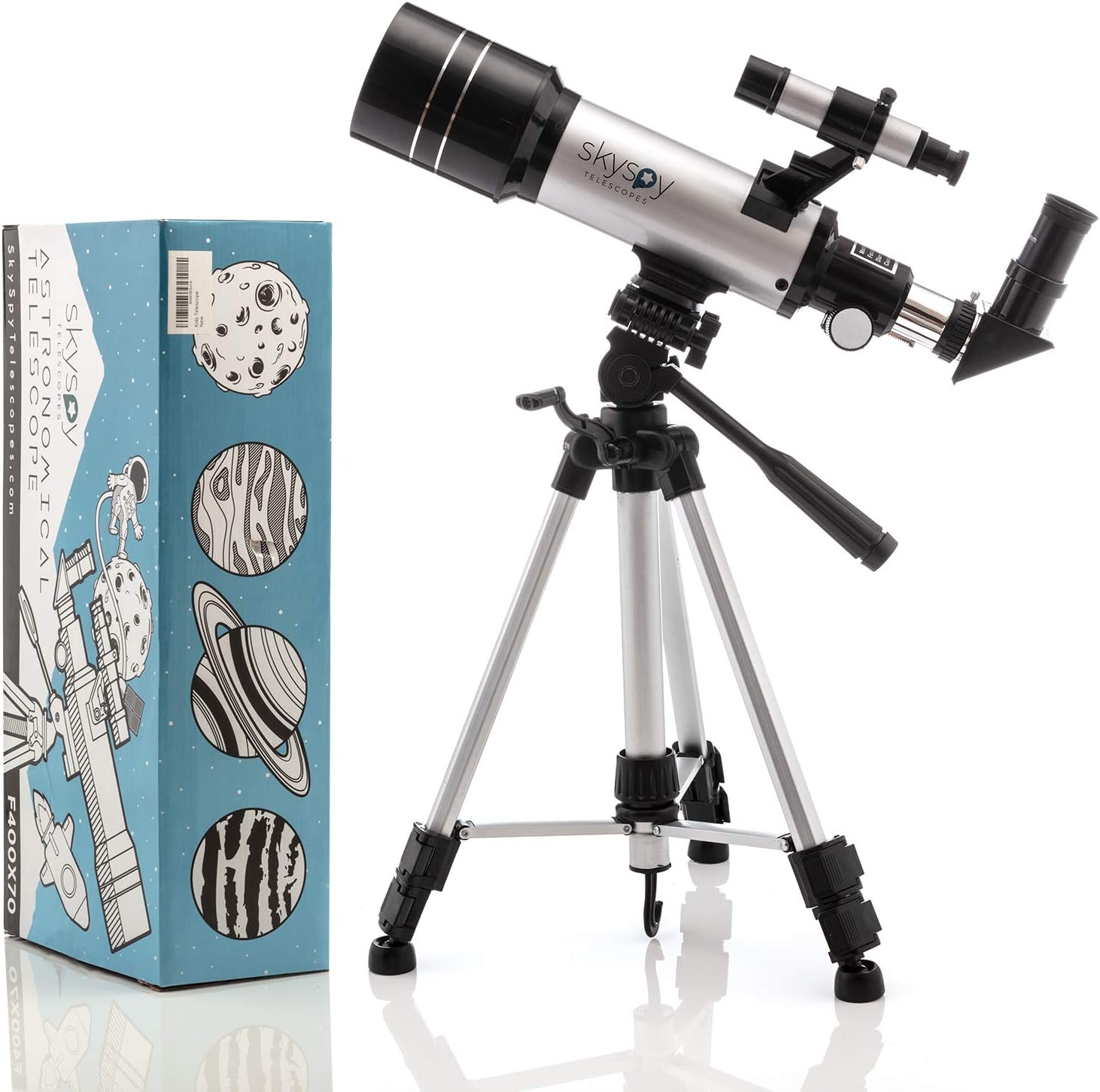SkySpy Telescopio – Telescopio refractor para principiantes de 2.756 in con alcance buscador y trípode – Vidrio portátil con 3 oculares de aumento –