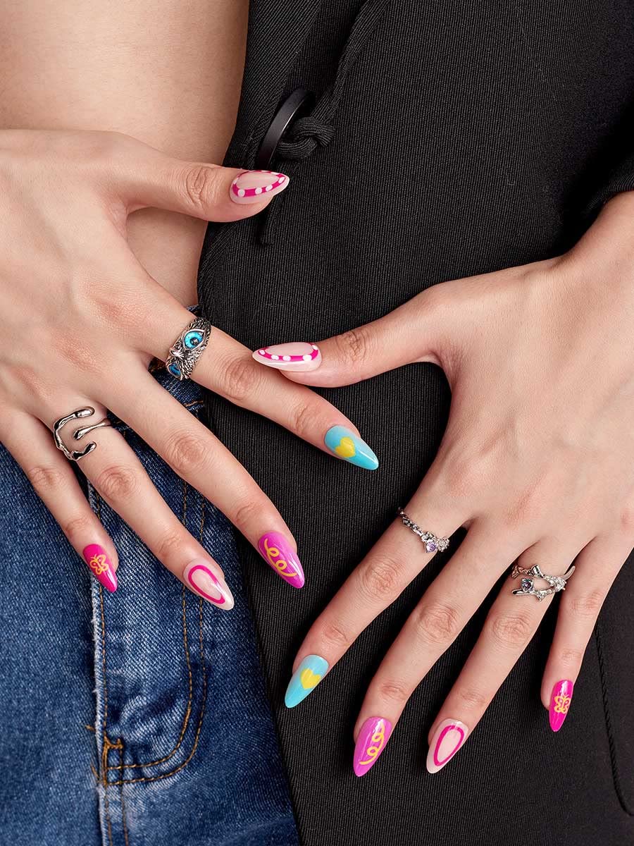 GLAMERMAID – Uñas postizas cortas a presión, color rosa intenso, almendra mediana, pegamento en las uñas, uñas postizas, uñas postizas acrílicas,
