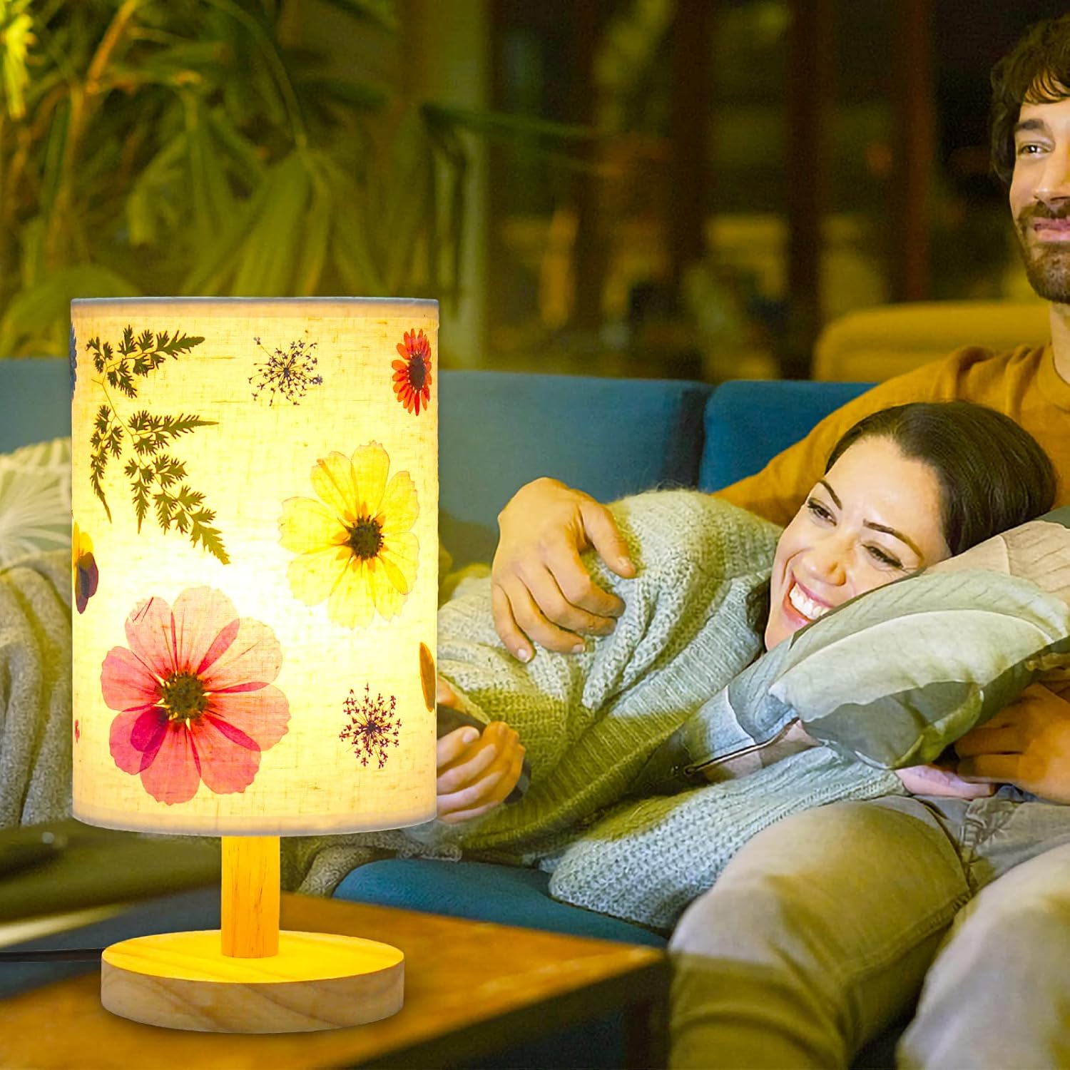 Lámpara de noche de flores prensadas, lámpara de mesa floral, 3 modos de luz, flores secas reales, decoración de flores prensadas, pantalla floral,