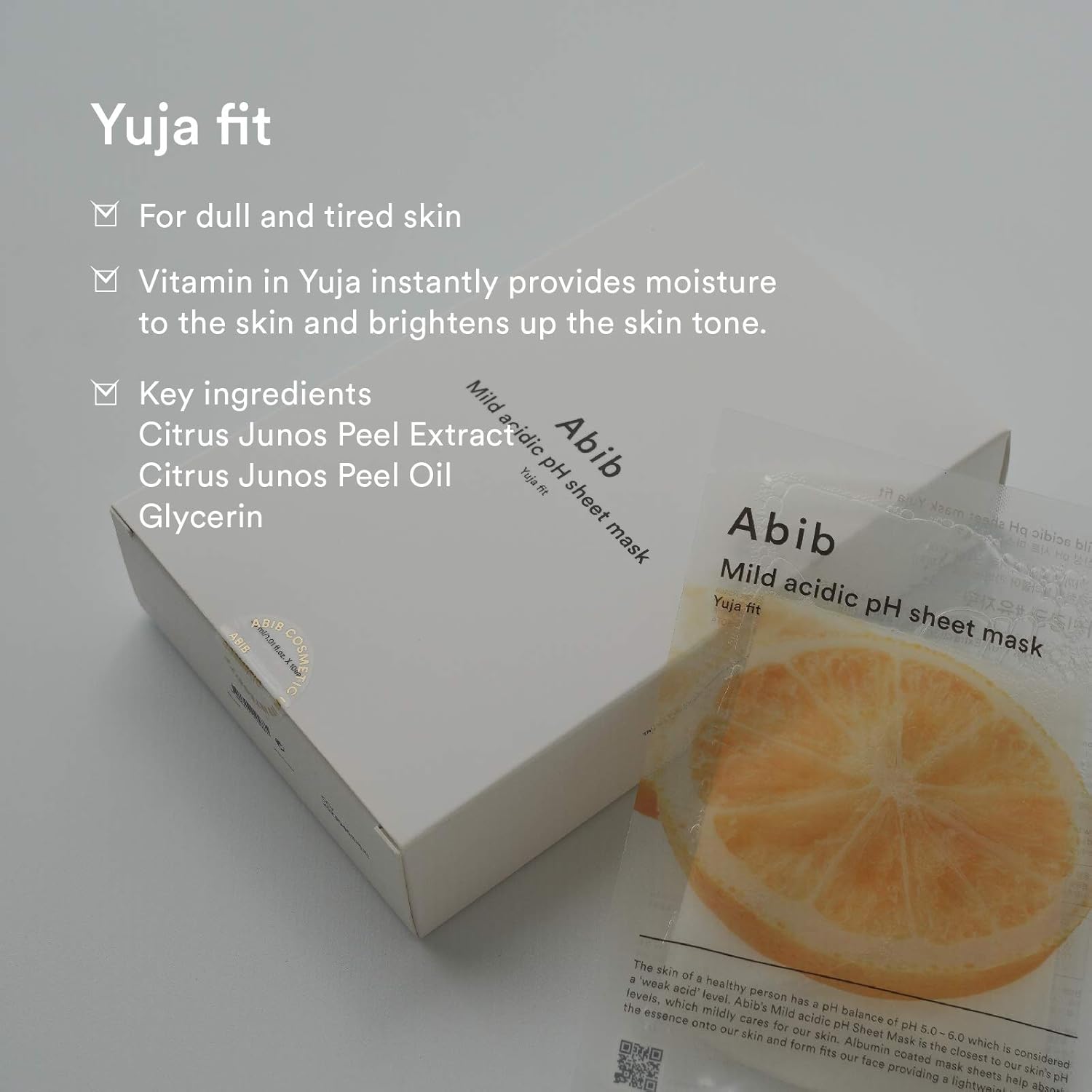 Abib Máscara de hoja de pH ácido suave Yuja Fit 10 hojas I Mascarilla facial de vitamina C para piel oscura y cansada
