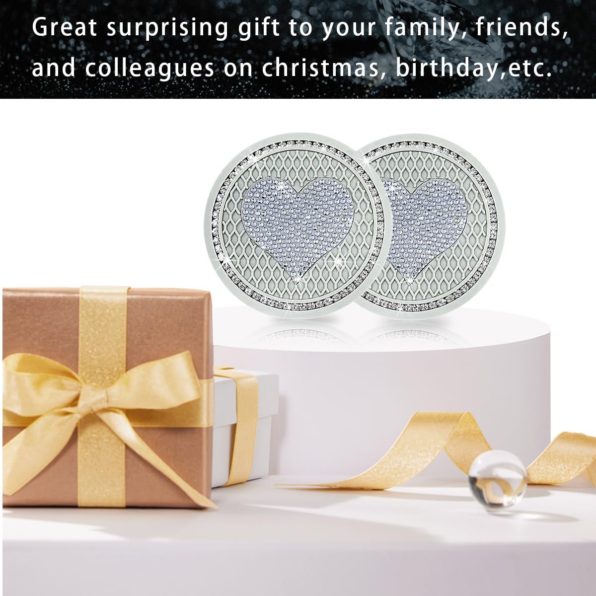 Paquete de 2 posavasos brillantes para automóvil y 1 funda para botón de inicio y parada, tapete de cristal de corazón de 2.75 pulgadas, accesorios