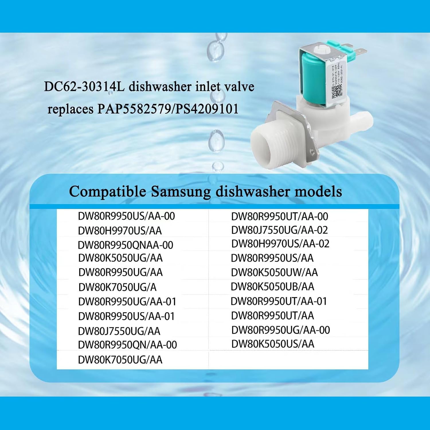 DC62-30314L Válvula de entrada de agua para lavavajillas compatible con válvula de agua para lavavajillas Samsung, piezas DC62-30314L reemplaza