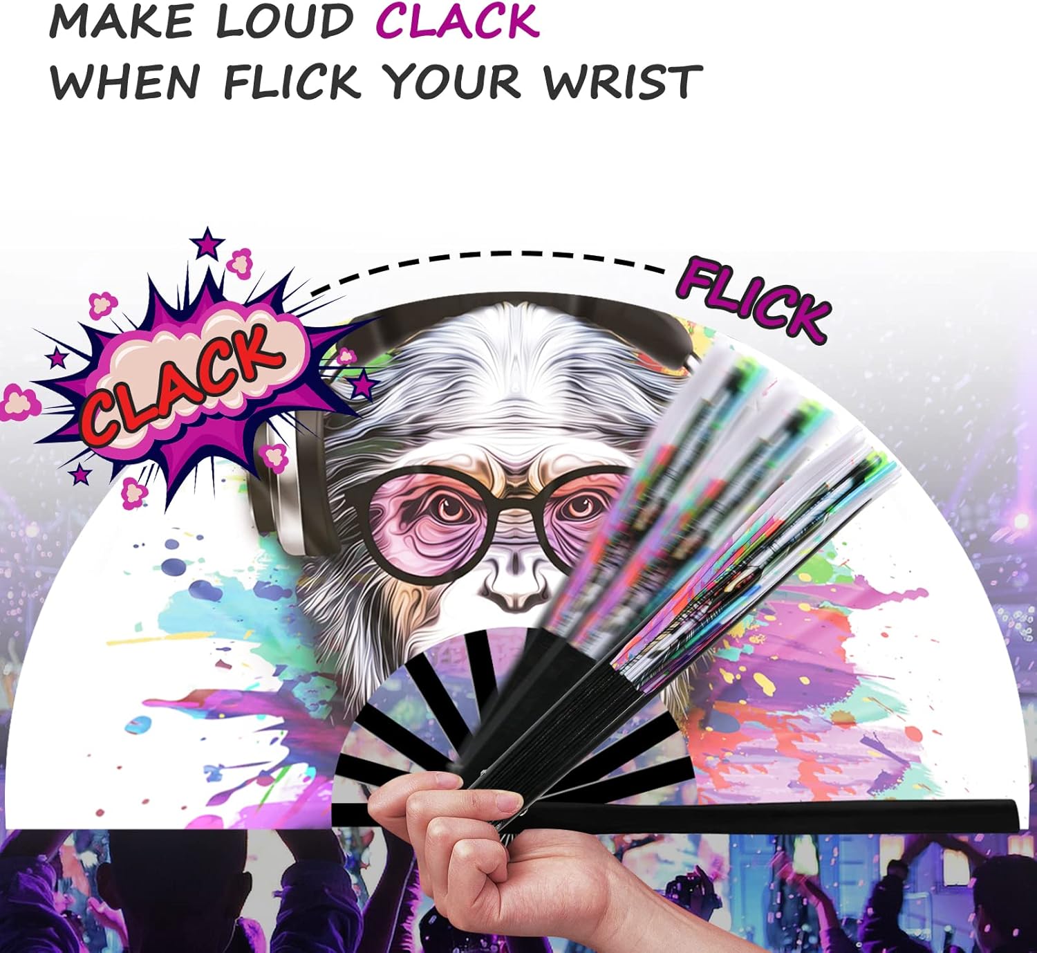 Ventilador de mano plegable grande para hombres y mujeres con bolsa de terciopelo, colorido ventilador UV brillante para fiestas de música