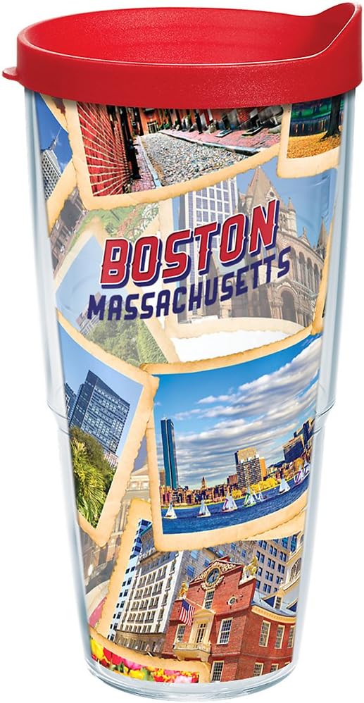 Tervis Massachusetts Boston Collage – Vaso postal con envoltura y tapa roja, 24 onzas, transparente