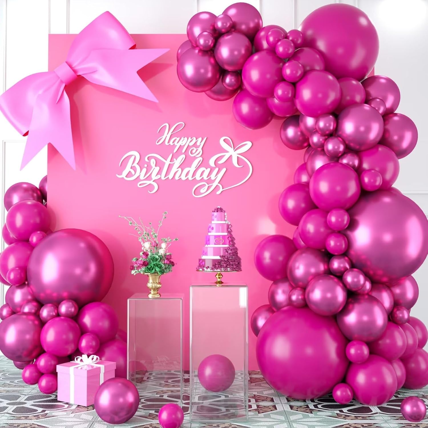 Kit de arco de globos magenta y rosa intenso, kit de guirnalda de globos magenta metálico y rosa intenso, globos cromados y magenta rosa de