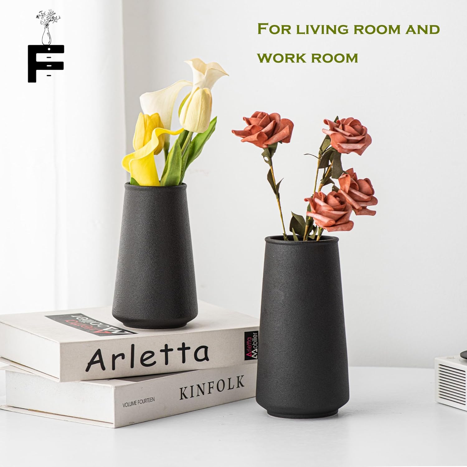 Juego de 2 floreros de cerámica  Jarrón grande y pequeño de arte moderno para decoración de centros de mesa, apto para flores frescas secas, sala de