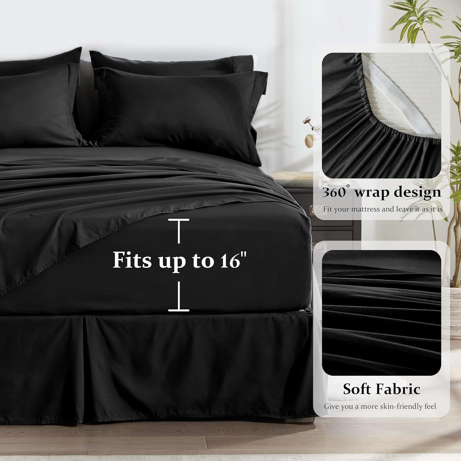 Newspin Juego de edredón de 6 piezas para cama individual en una bolsa, juego de cama negro para todas las estaciones, juegos de ropa de cama