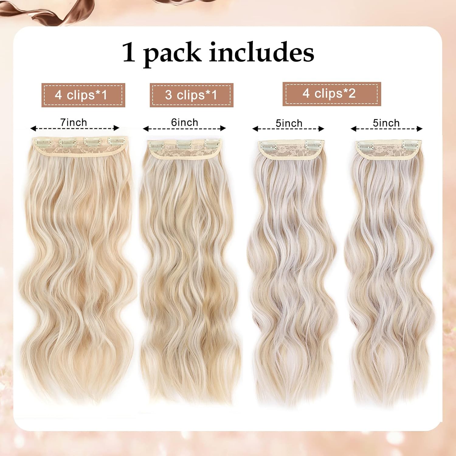 4 extensiones de cabello sintético con clip para mujer, rubio ceniza oscuro, mezclado con rubio decolorado, largo, ondulado, natural, 20 pulgadas,