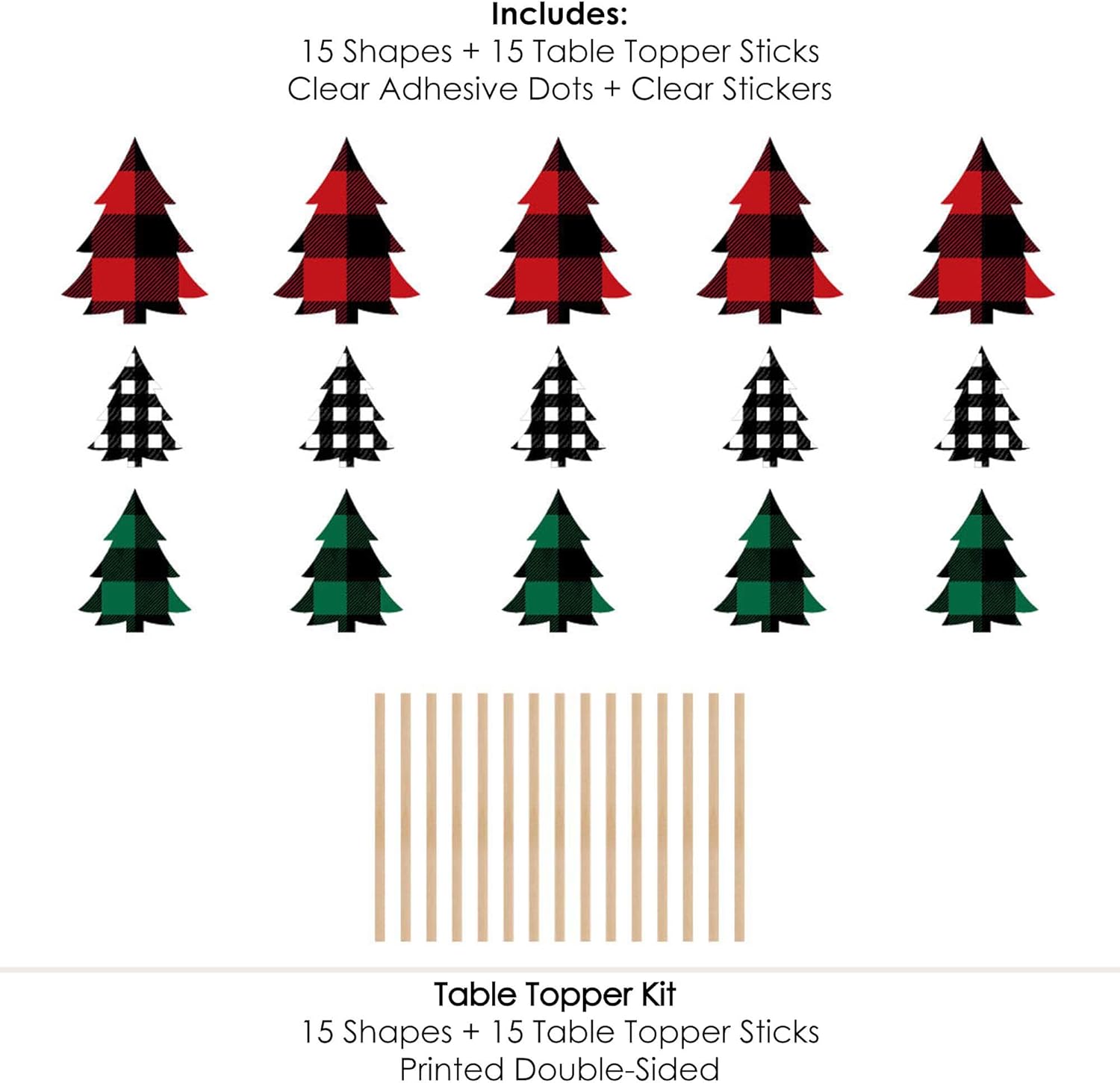 Big Dot of Happiness Holiday Plaid Trees – Palitos de centro de mesa de fiesta de Navidad a cuadros de búfalo – Juego de 15