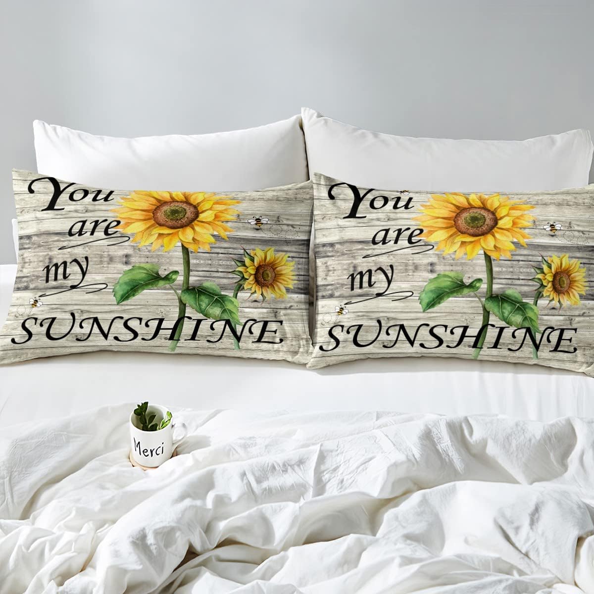 Erosebridal Juego de ropa de cama con estampado de girasol, letras retro y flores amarillas, decoración de dormitorio, edredón de plumón de abeja