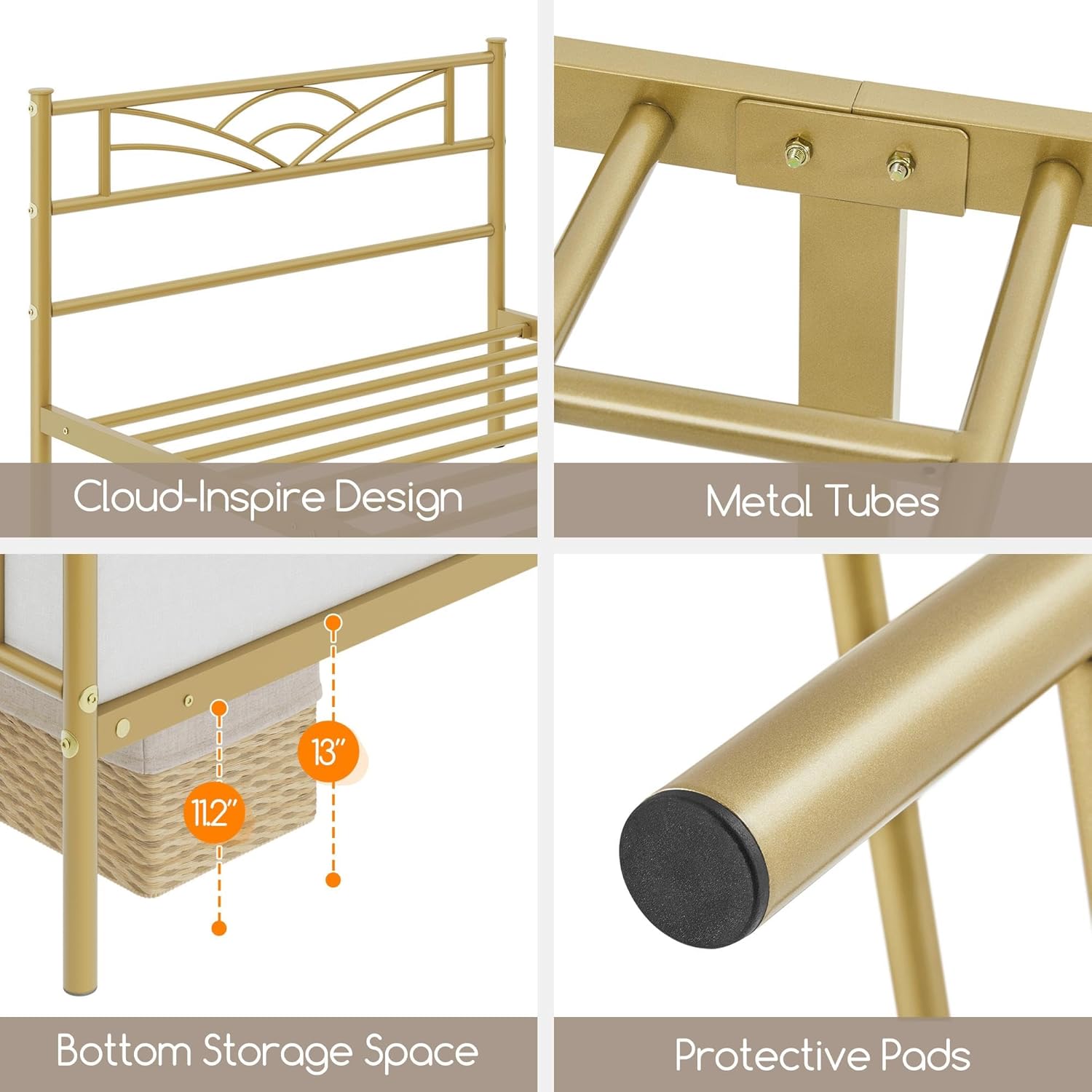 Yaheetech Base de cama de tamaño individual con plataforma de metal con cabecera, estribo, amplio almacenamiento debajo de la cama, no necesita