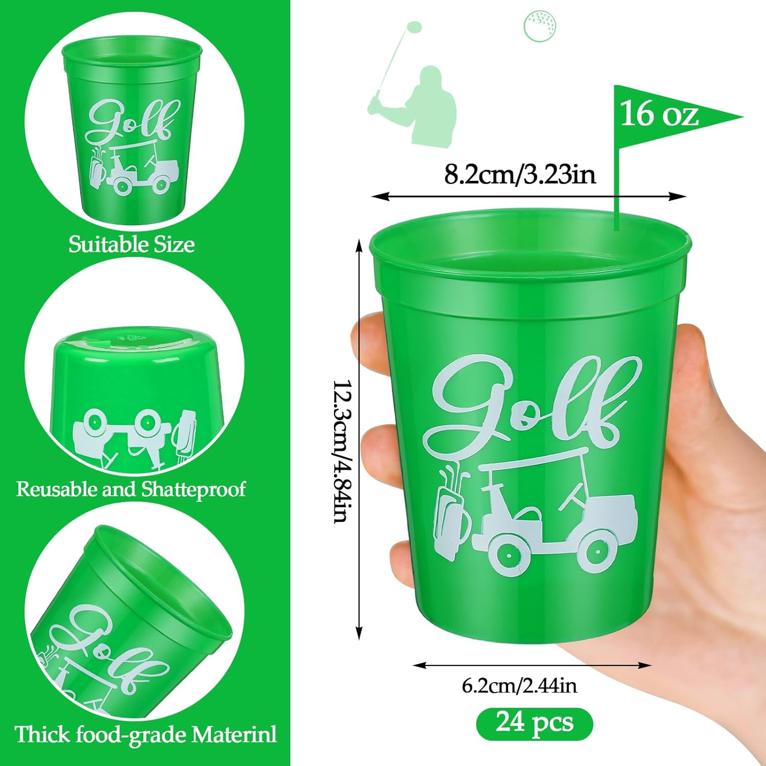 Norme 24 vasos de plástico reutilizables para fiestas de golf, diseño de carrito de pelota de golf de 16 onzas, regalos de suministros, decoraciones