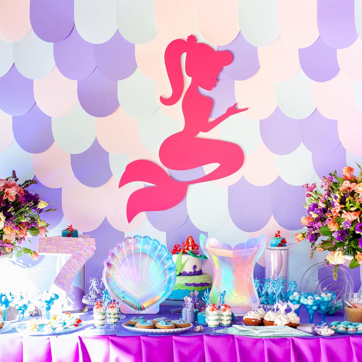 300 piezas de suministros para fiesta temática de sirenas, incluye platos, servilletas, cucharas de plástico, tenedor, cuchillos para baby shower,