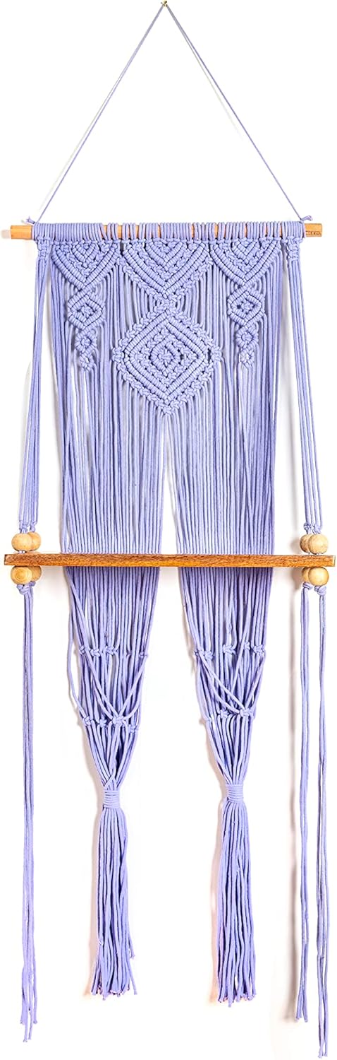 Estante para colgar en la pared de madera dura y macramé (lavanda)  1 estante y 2 ganchos para macetas de 4 pulgadas  de origen sostenible, 17 x