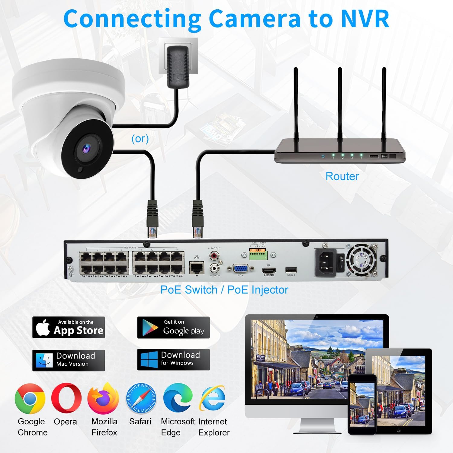 Tennoz Cámara de torreta IP PoE de 8MP 4K para exteriores, cámara domo de seguridad IP H.265 PoE con visión nocturna de 80 pies, lente de 0.110 in,