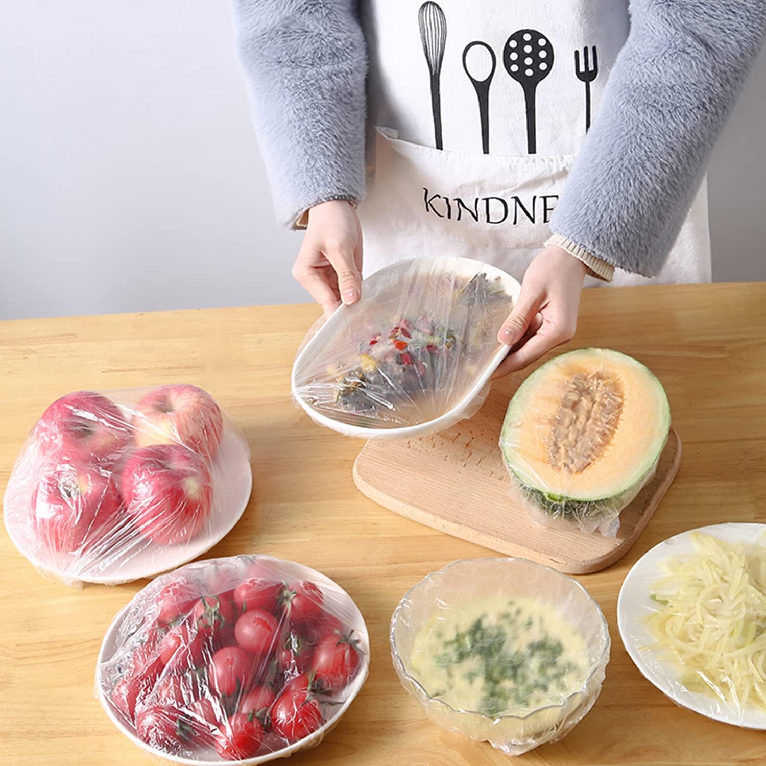 100 fundas elásticas reutilizables para almacenamiento de alimentos, cubiertas de plástico transparentes para platos de comida al aire libre
