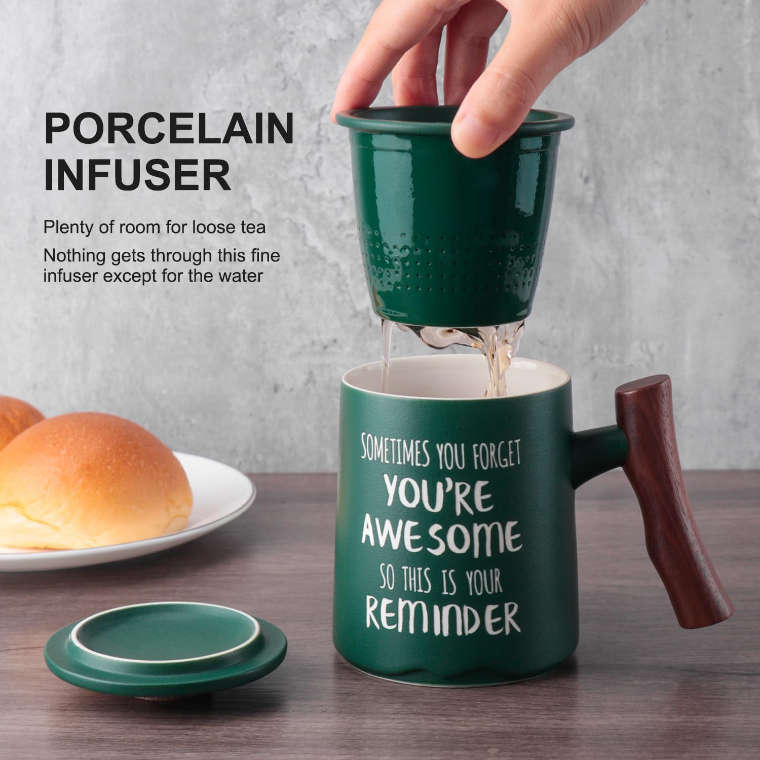 Breleidy Taza de té de cerámica con infusor y tapa, taza de café con mango de madera con colador para remojar hojas sueltas, regalo ideal para los