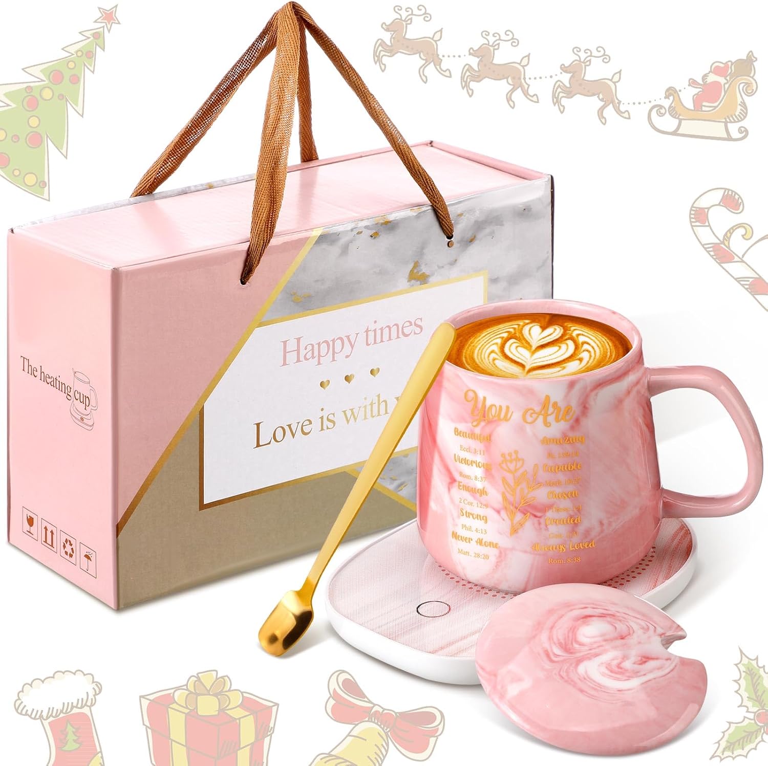 Regalos cristianos, calentador de café con versículo bíblico con taza para mujer, taza de mármol rosa, plato de calentamiento, regalo de cumpleaños,