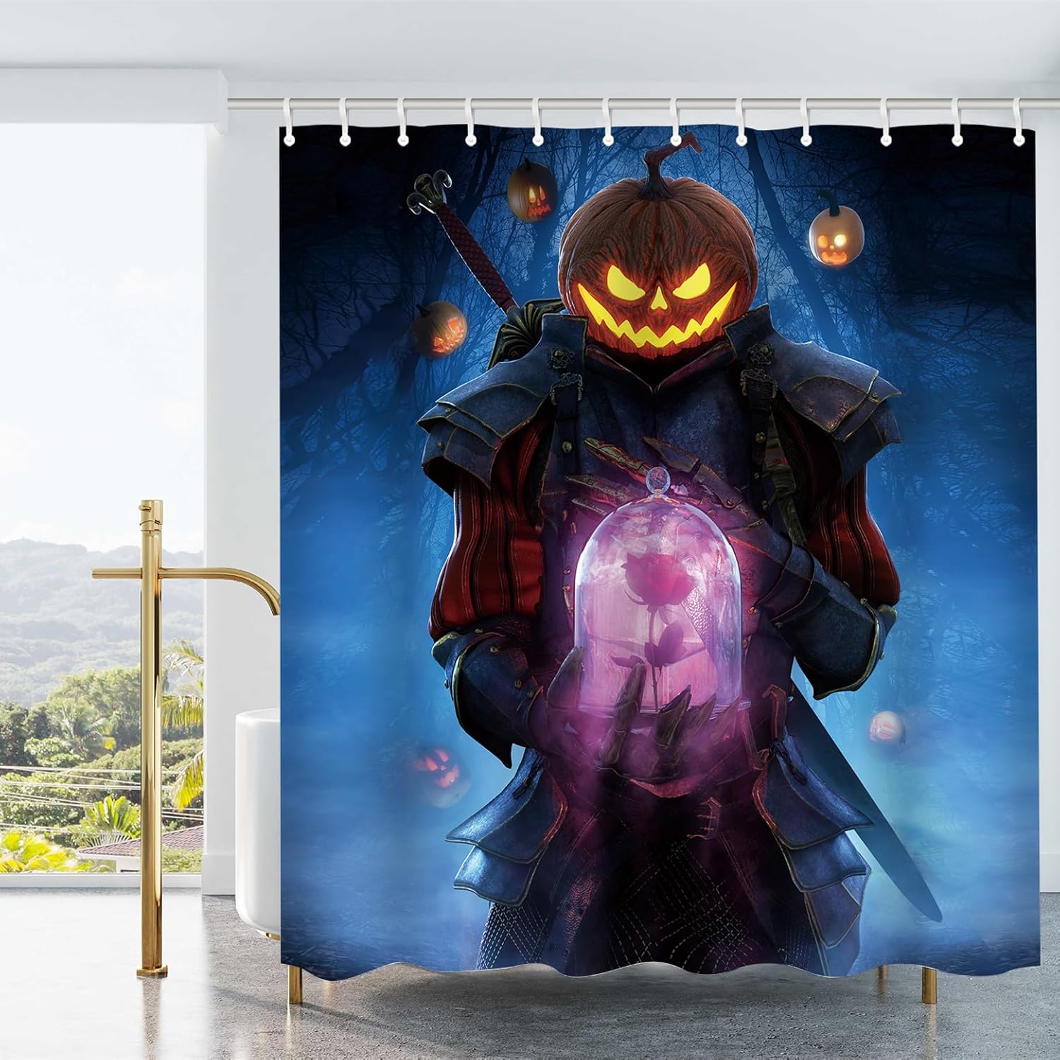 Cortina de ducha con diseño de caballero de calabaza, 72 x 72 pulgadas, diseño de caballero con forma de rosa en bosque brumoso, decoración de baño,