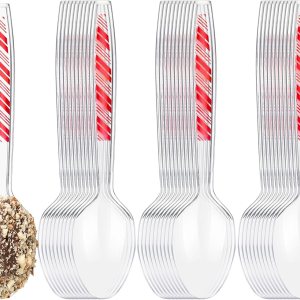 Paquete de 100 cucharas desechables de plástico transparente de Navidad de 6 pulgadas con patrón de rayas rojas, utensilios transparentes para Paquete de 100 cucharas desechables de plástico transparente de Navidad de 6 pulgadas con patrón de rayas rojas, utensilios transparentes para