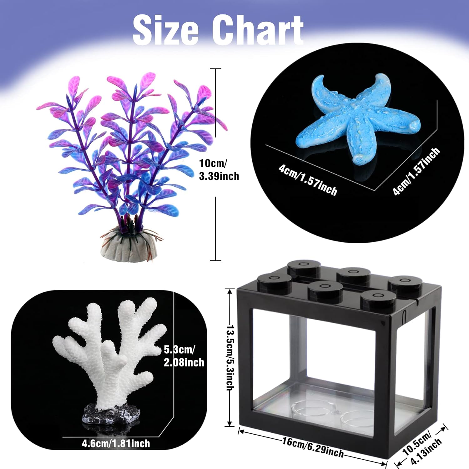 Pequeña pecera Betta, mini acuario apilable con decoración de estrellas de mar y coral, tanque de peces cubo para alimentar bolas de musgo de